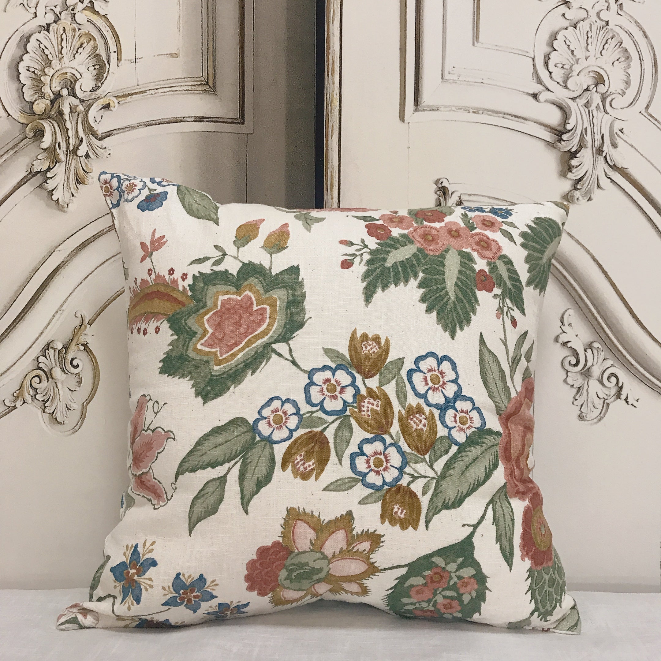 Large Peony and Butterfly Pillow Cover on Ivory