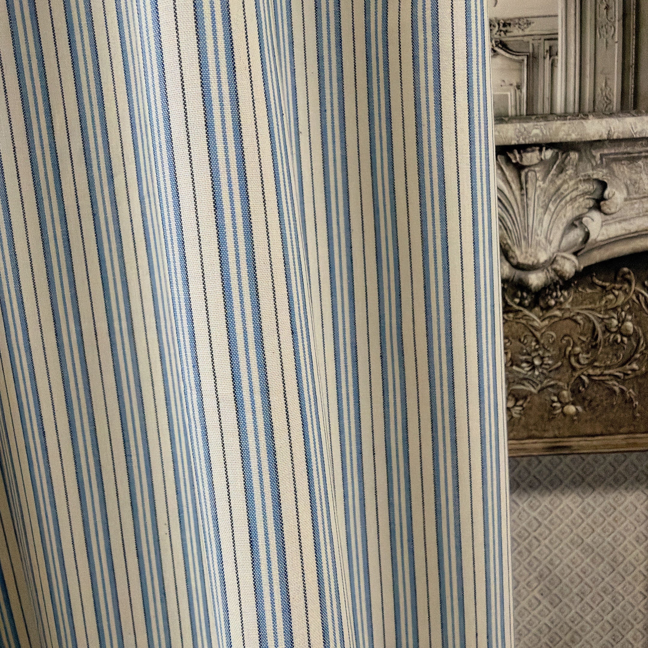 Light Blue and Indigo Stripe Curtain on Natural Beige
