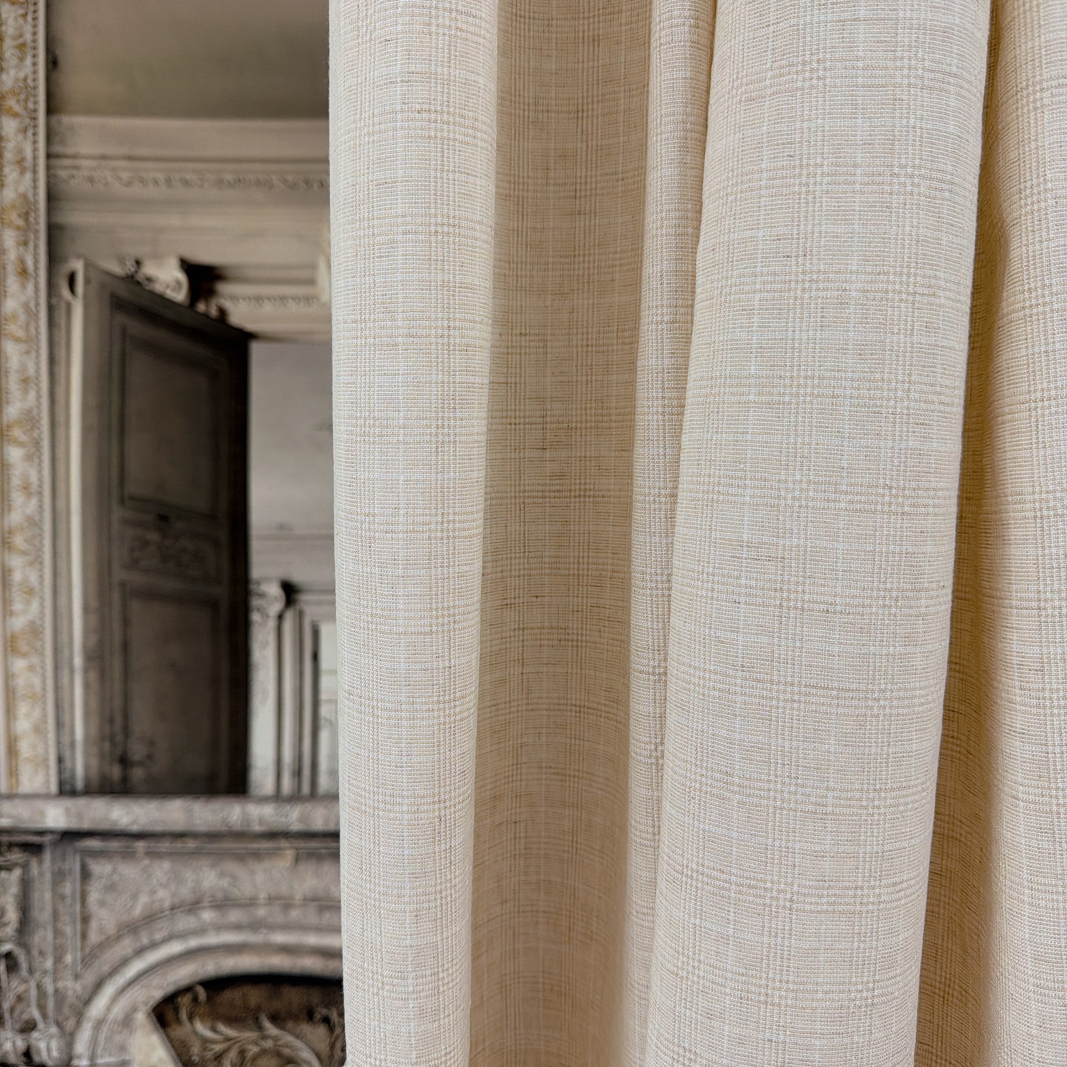 Natural Beige Subtle Grid Textured Linen Blend Curtains