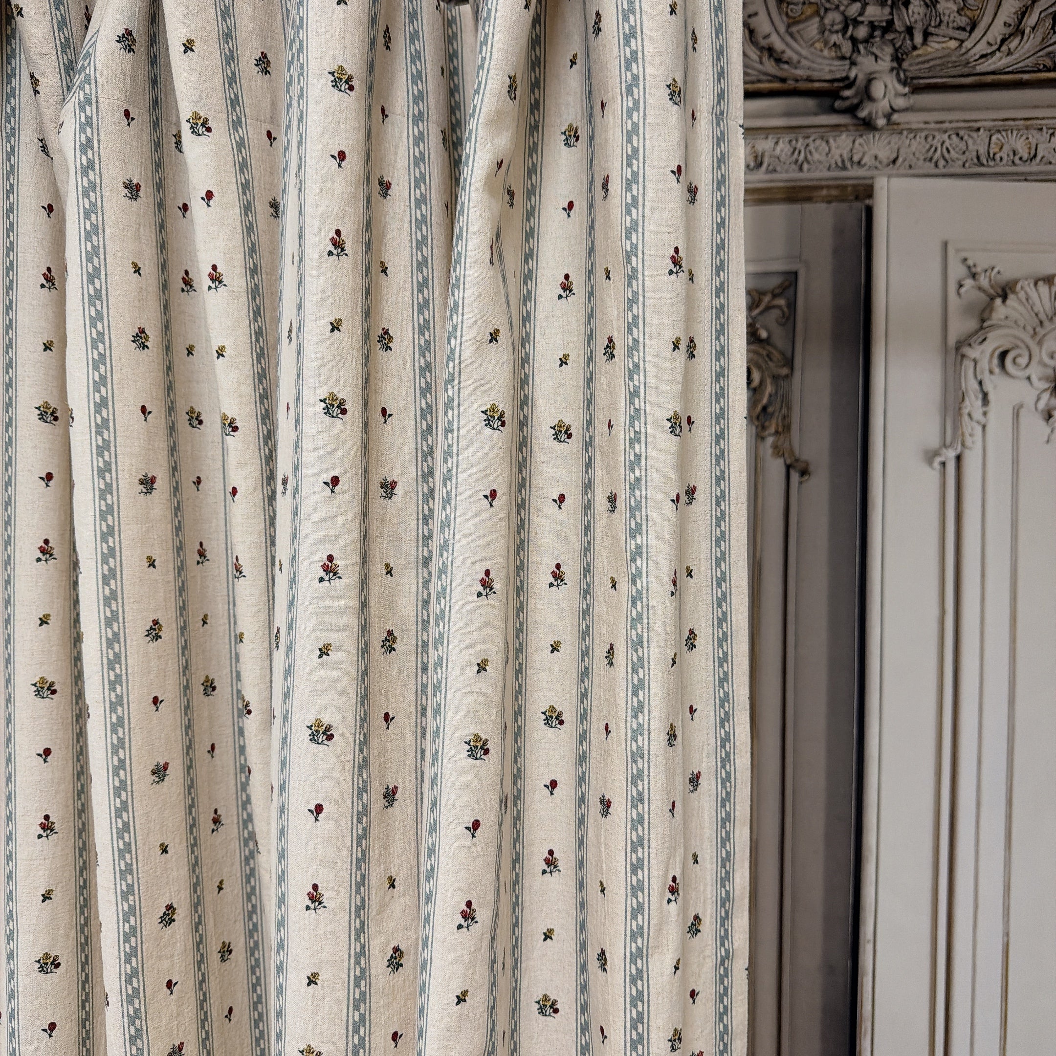 Grey Blue Stripe and Tiny Floral Curtain on Natural Beige