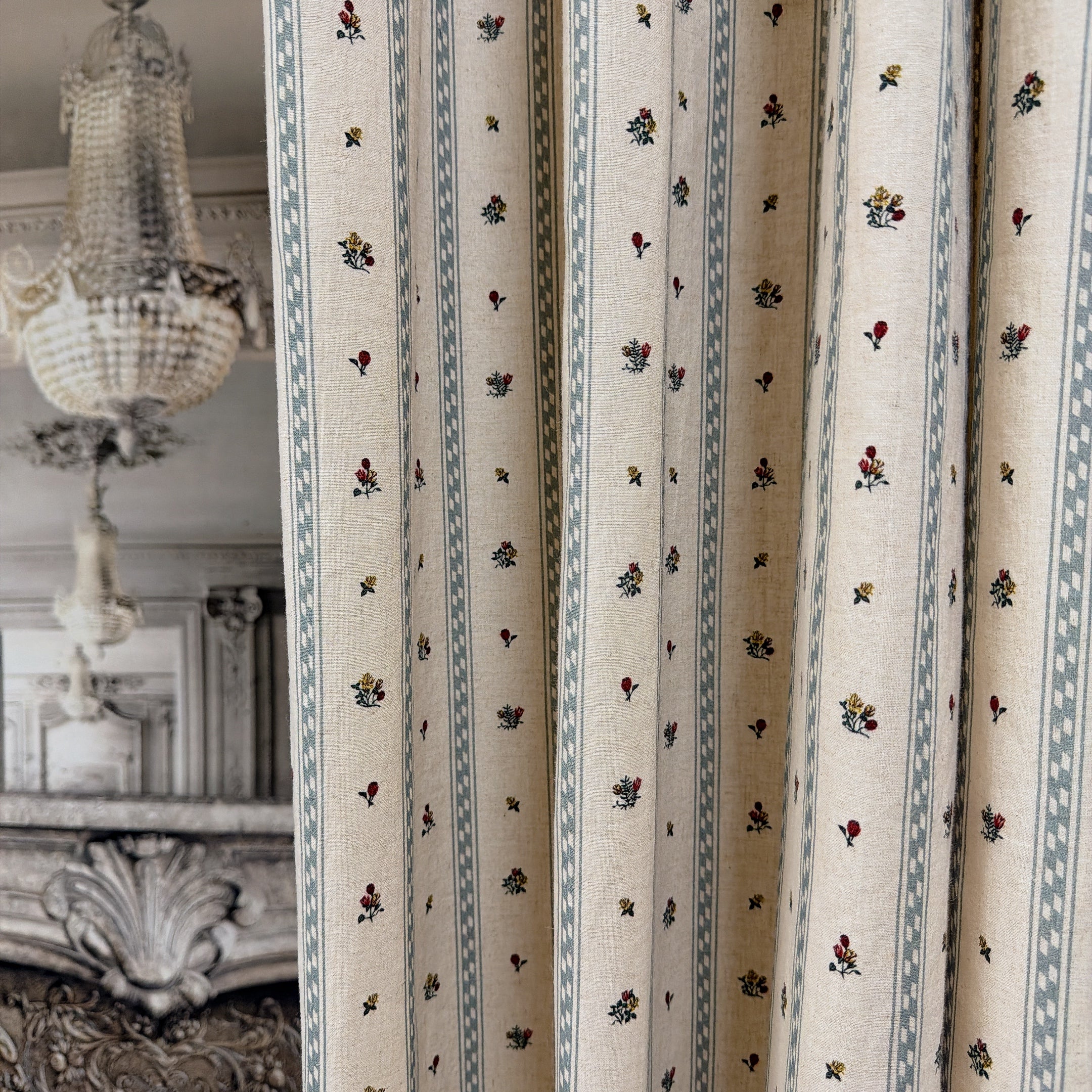 Grey Blue Stripe and Tiny Floral Curtain on Natural Beige