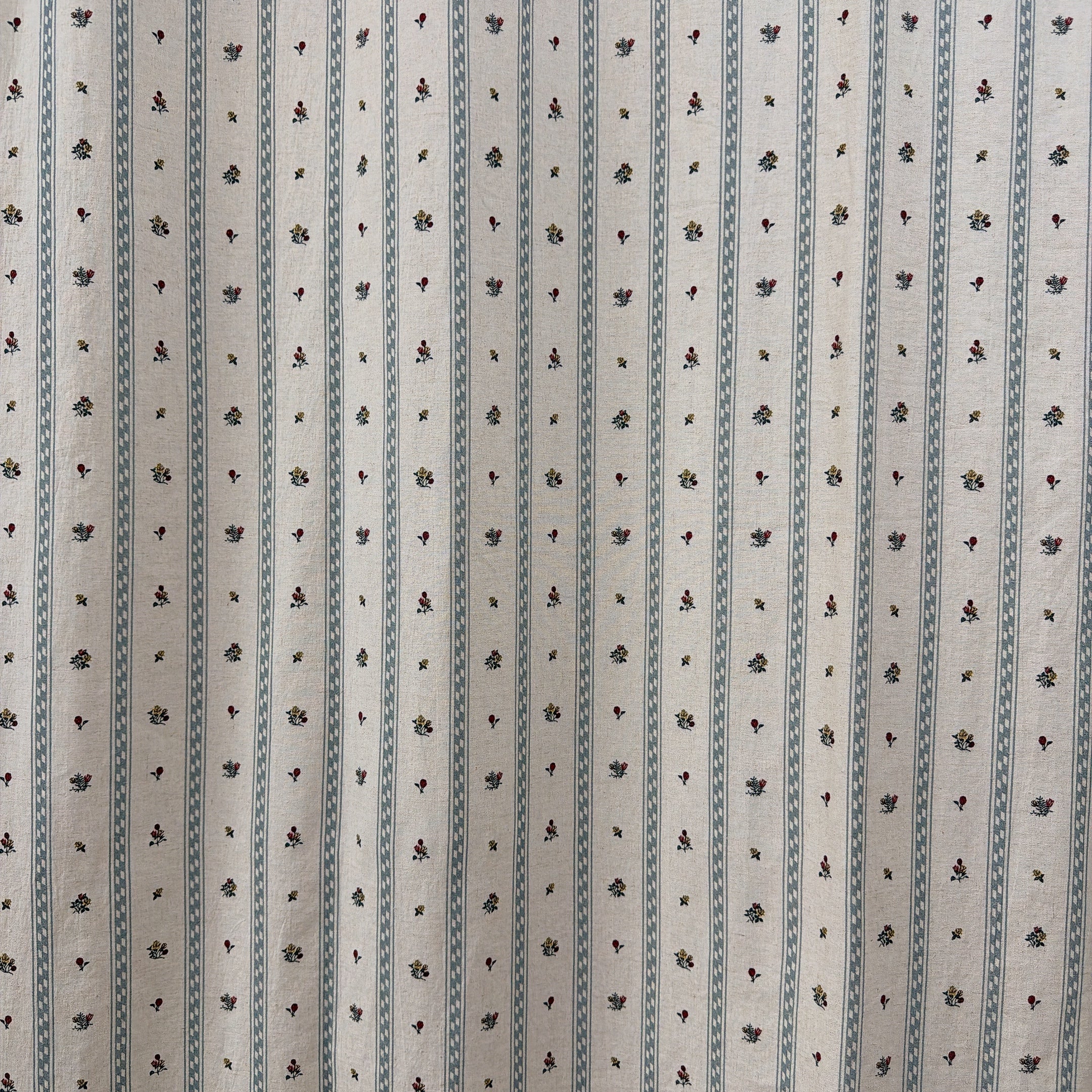 Grey Blue Stripe and Tiny Floral Curtain on Natural Beige