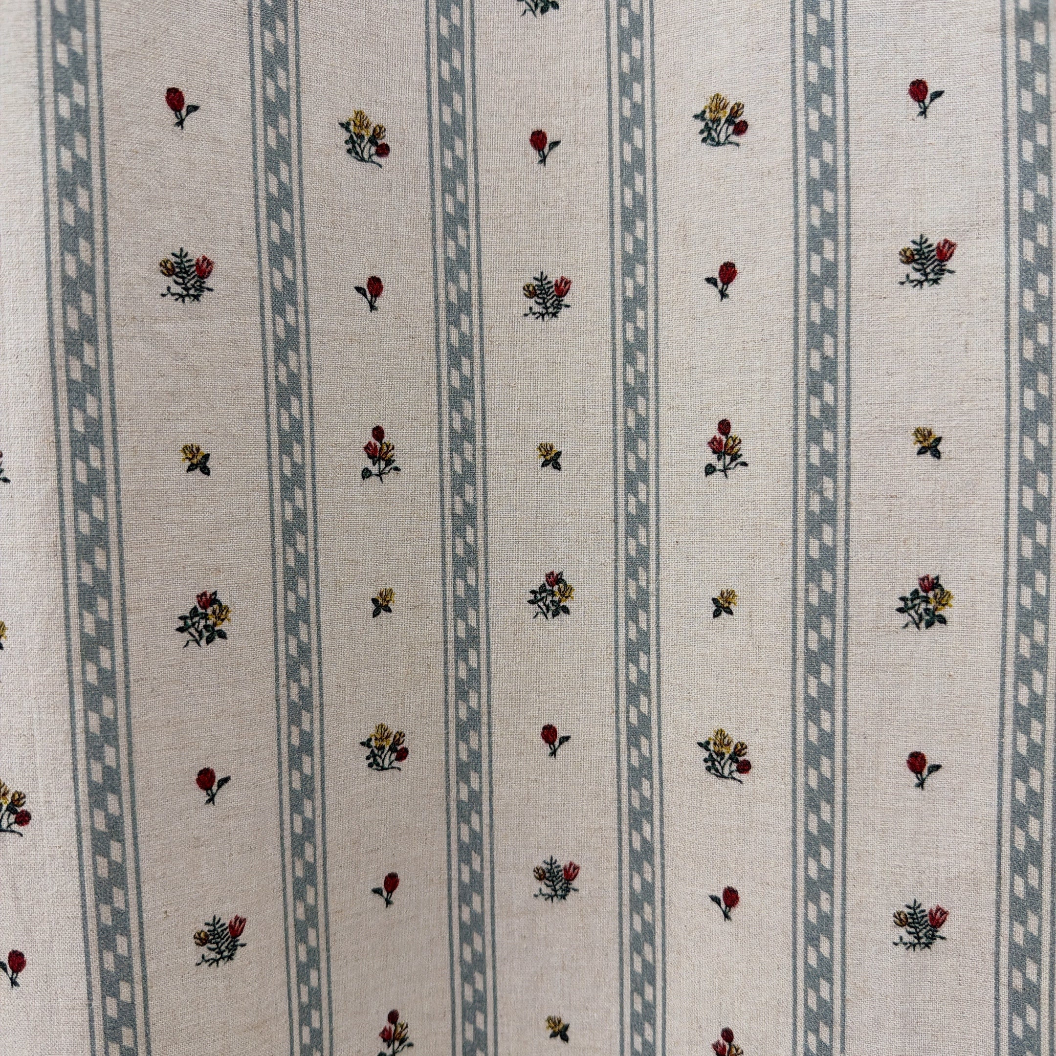 Grey Blue Stripe and Tiny Floral Curtain on Natural Beige