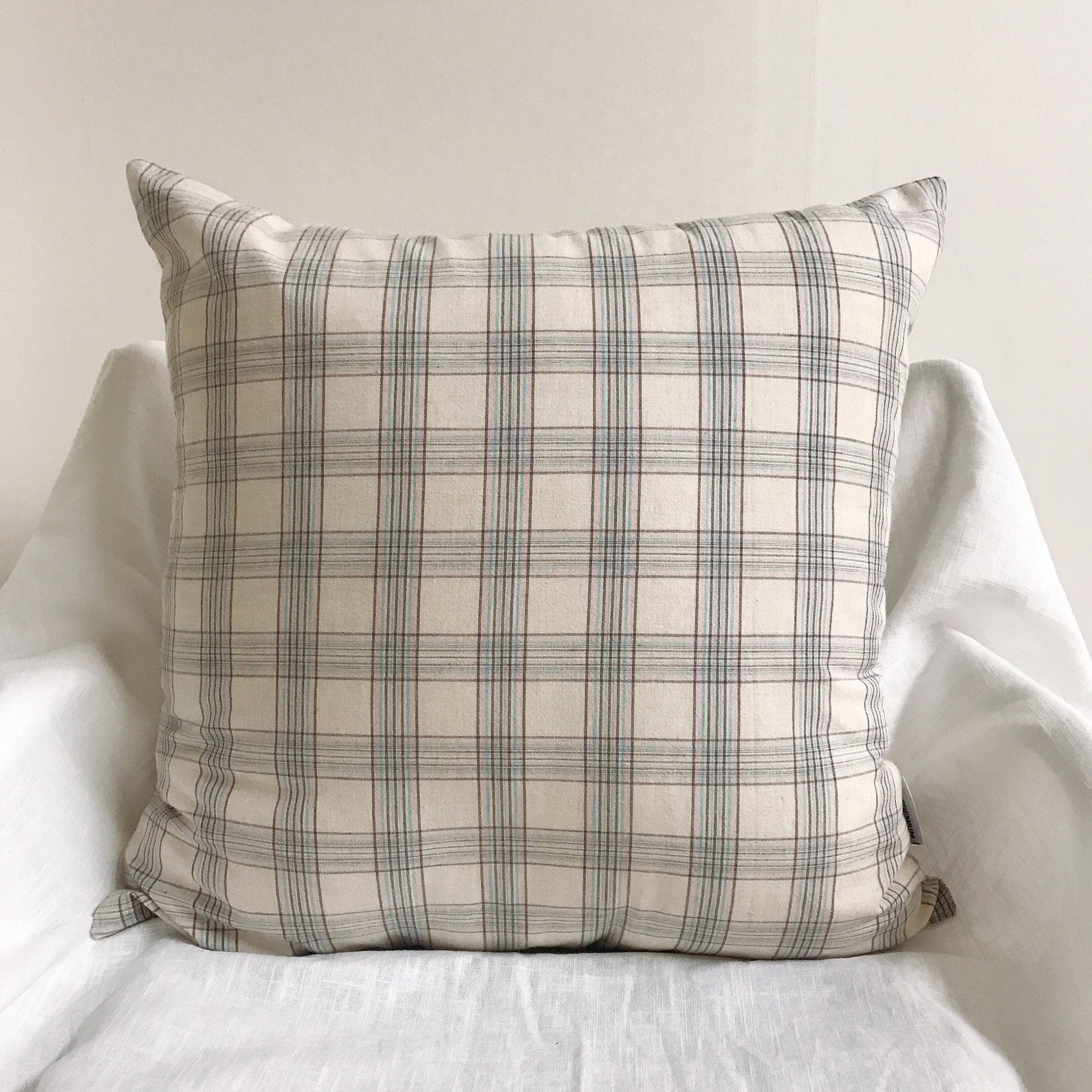Brown Pink Mint Check Plaid Print Natural Beige Background Washed Cotton Decorative Square Cushion Pillow Cover 18 inches