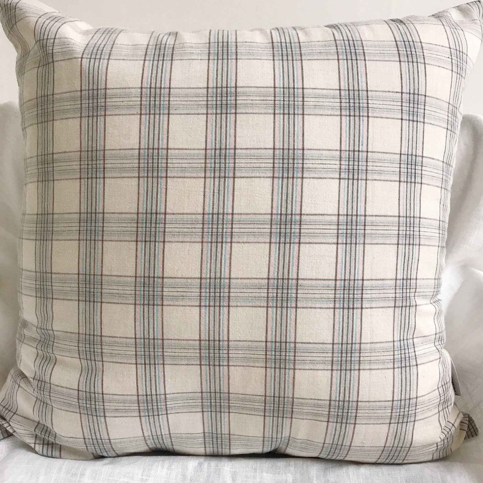 Brown Pink Mint Check Plaid Print Natural Beige Background Washed Cotton Decorative Square Cushion Pillow Cover 18 inches