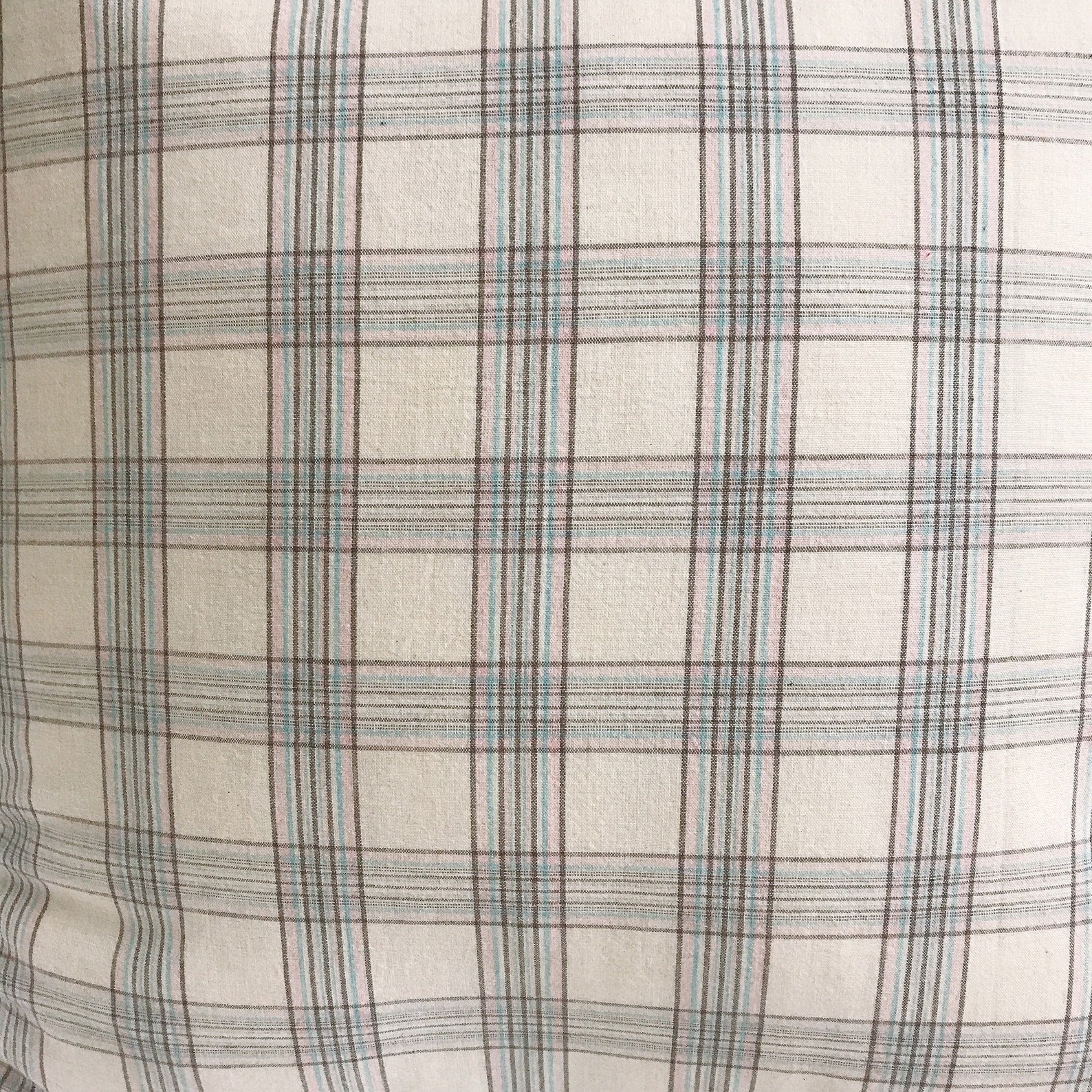 Brown Pink Mint Check Plaid Print Natural Beige Background Washed Cotton Decorative Square Cushion Pillow Cover 18 inches