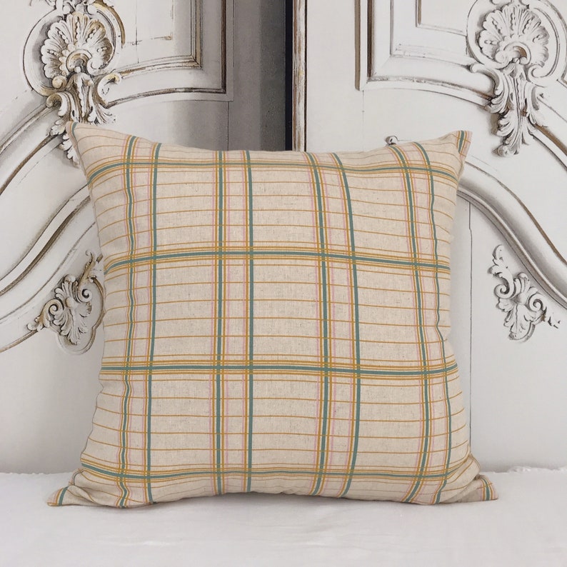 Mustard Teal and Baby Pink Plaid Cushion Cover on Natural Beige