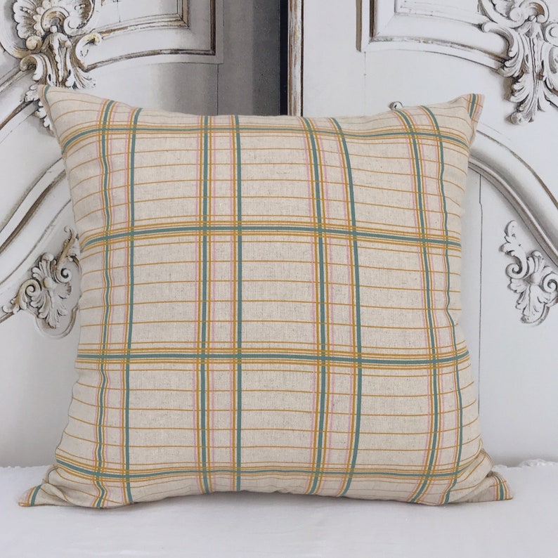 Mustard Teal and Baby Pink Plaid Cushion Cover on Natural Beige