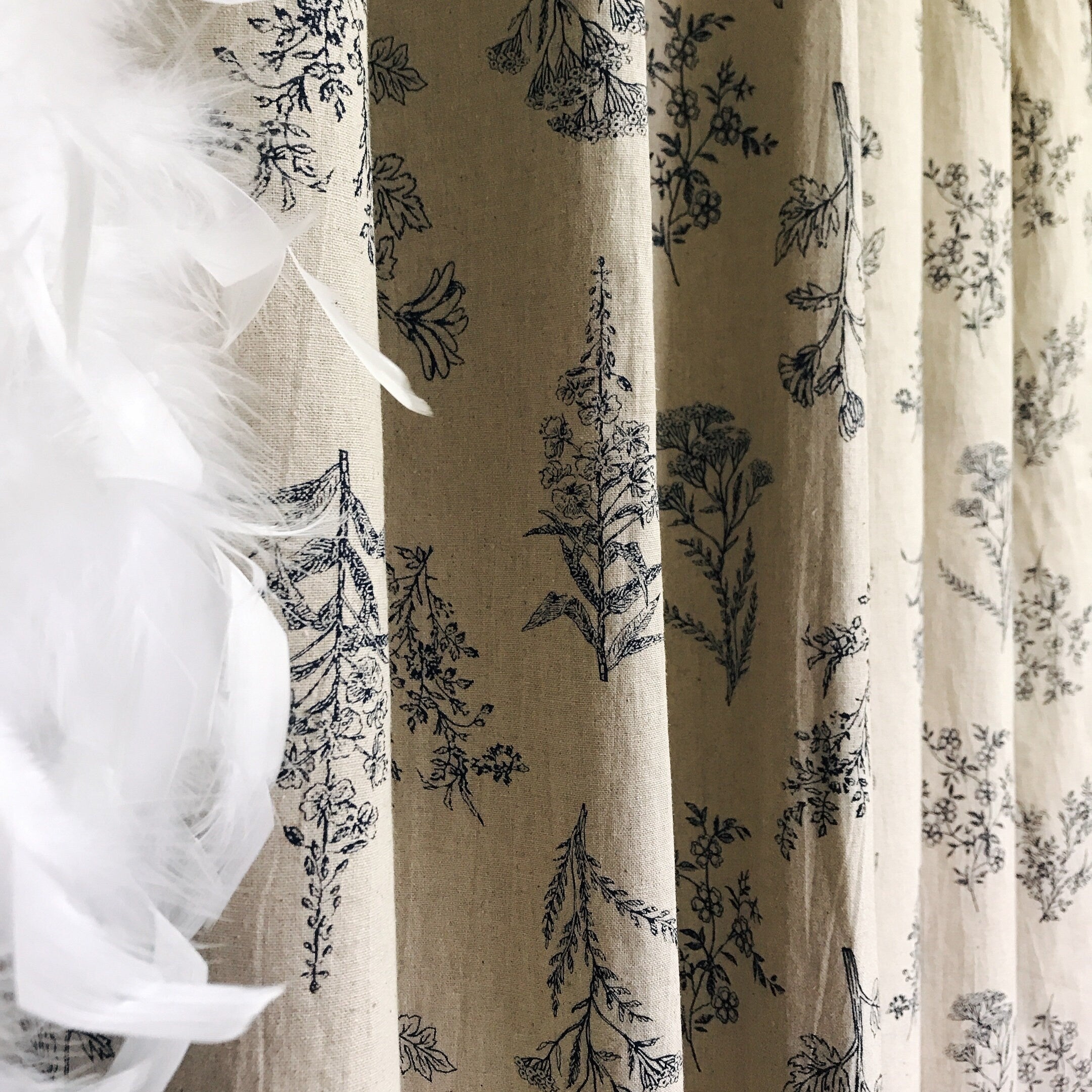 Navy Blue Botanical Curtain on Natural Beige