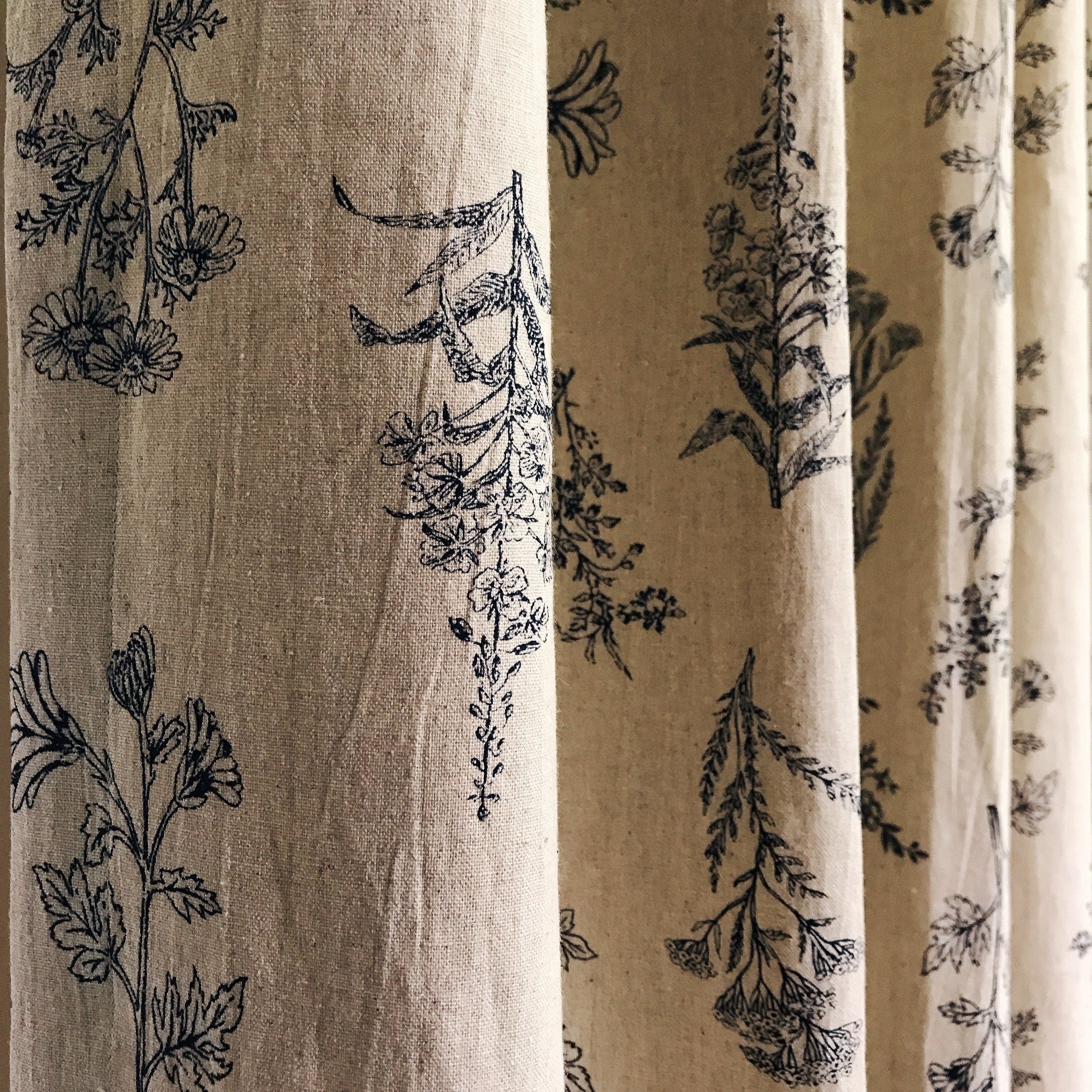 Navy Blue Botanical Curtain on Natural Beige