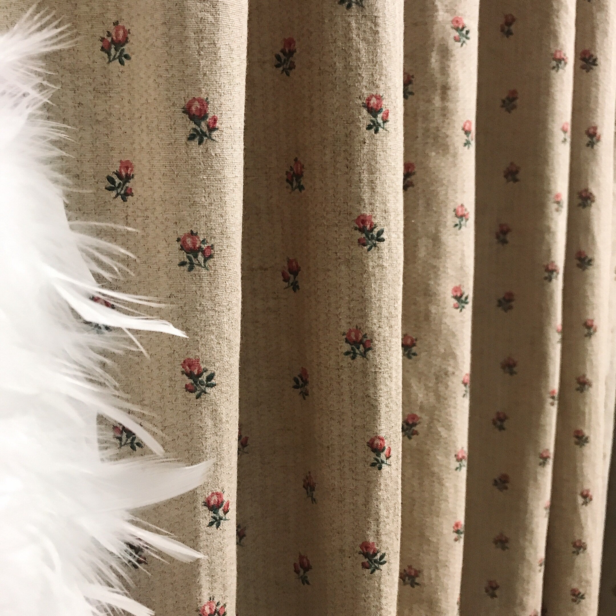 Pink Small Floral Curtain on Natural Beige