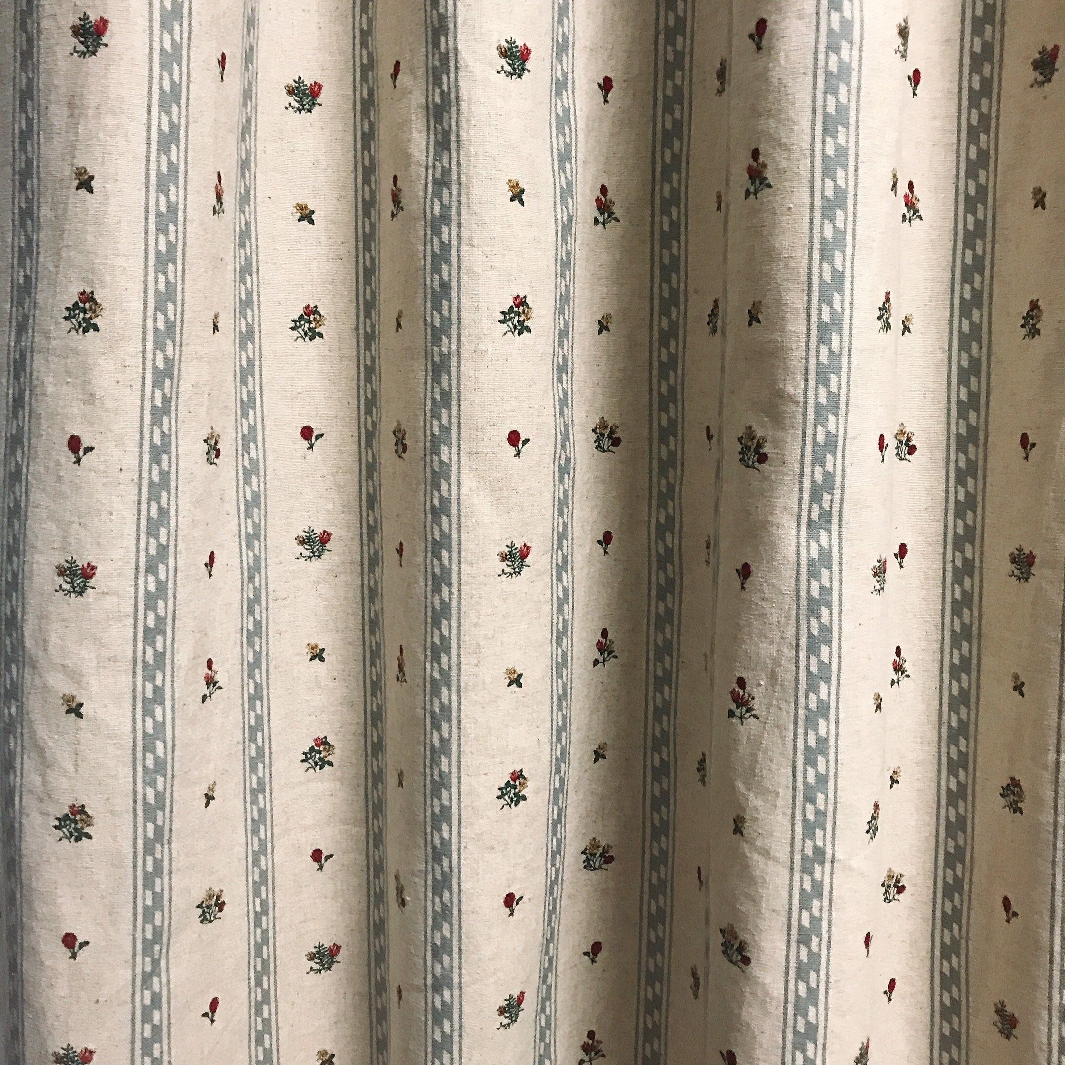 Grey Blue Stripe and Tiny Floral Curtain on Natural Beige