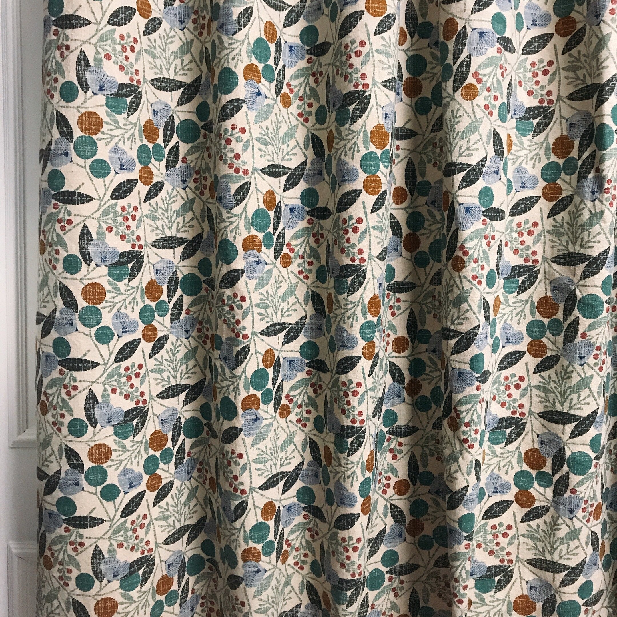 Teal Cherry Blossom Curtain on Natural Beige