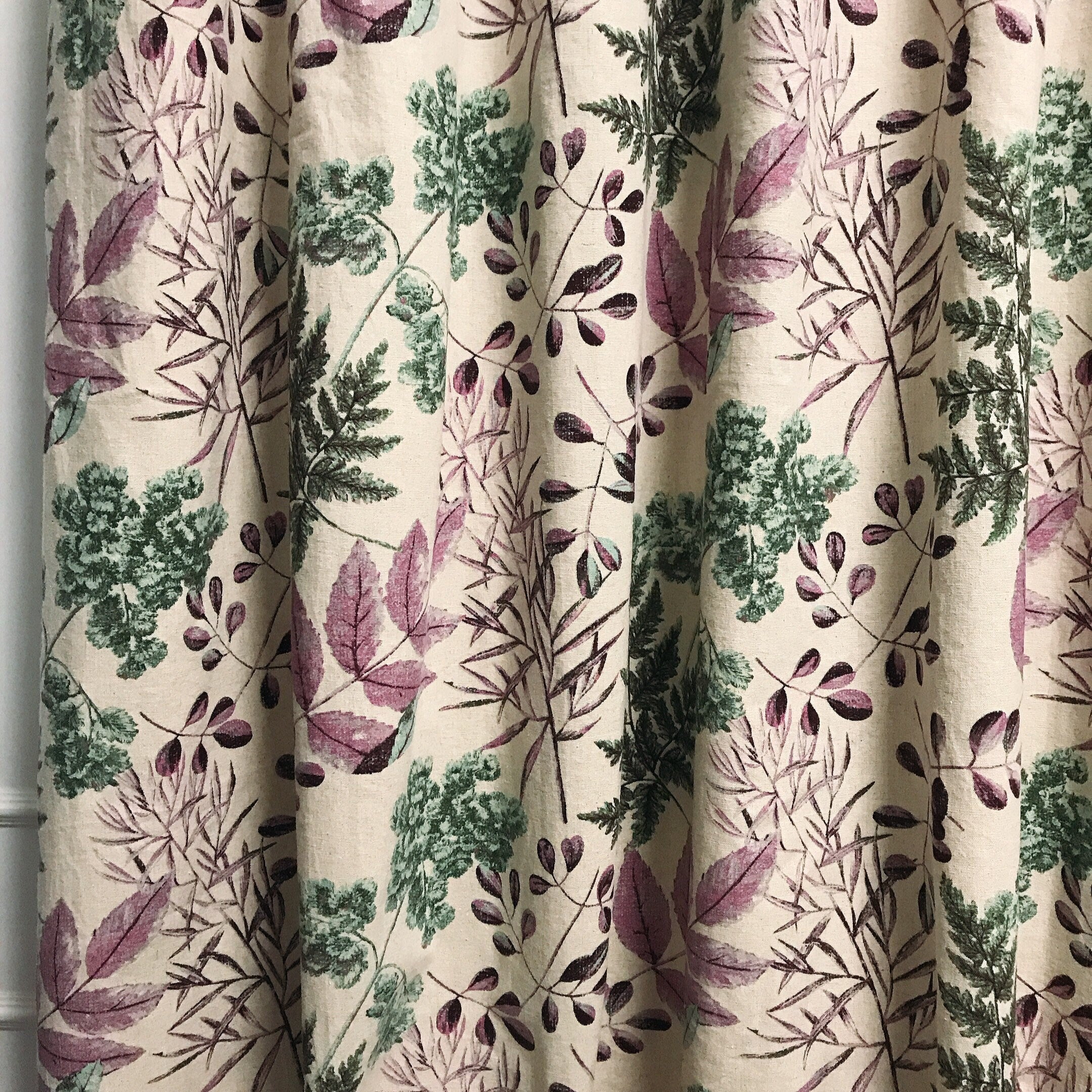 Purple and Green Leaf Curtain on Natural Beige