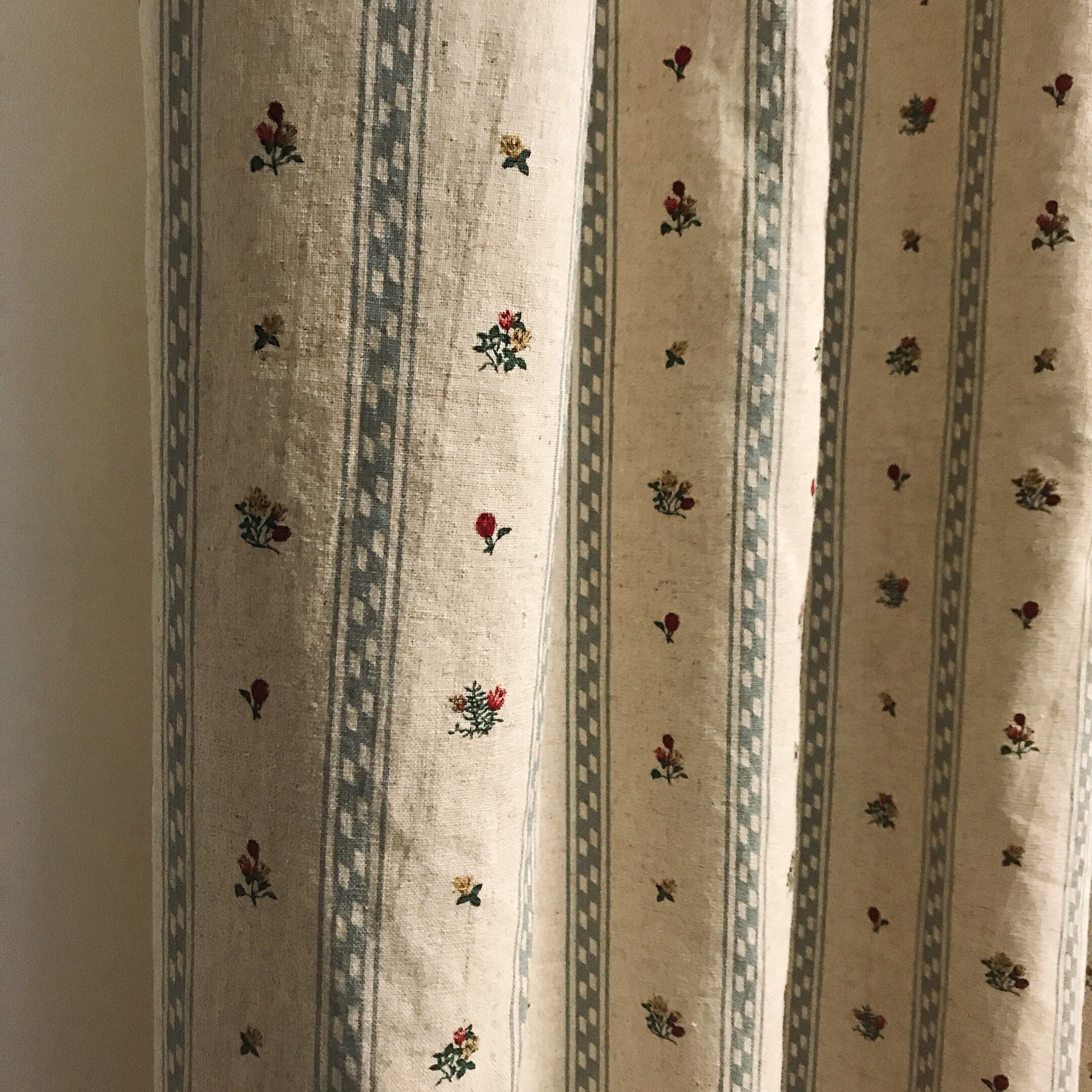 Grey Blue Stripe and Tiny Floral Curtain on Natural Beige