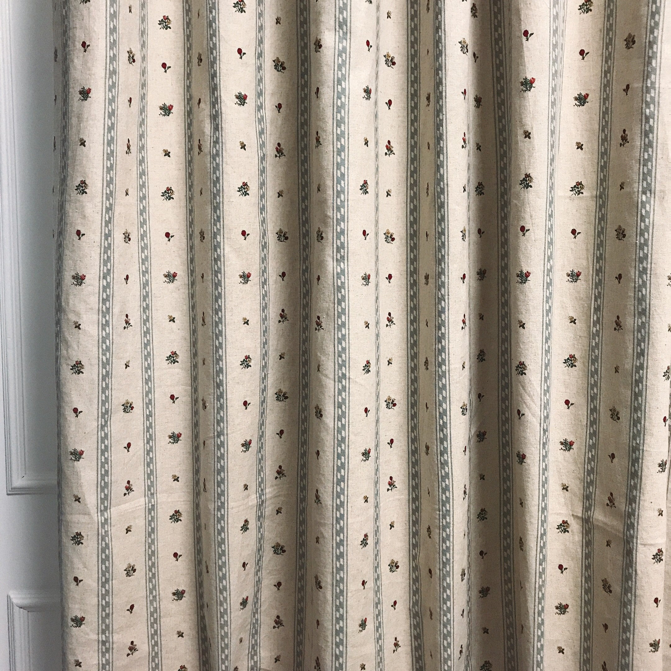 Grey Blue Stripe and Tiny Floral Curtain on Natural Beige