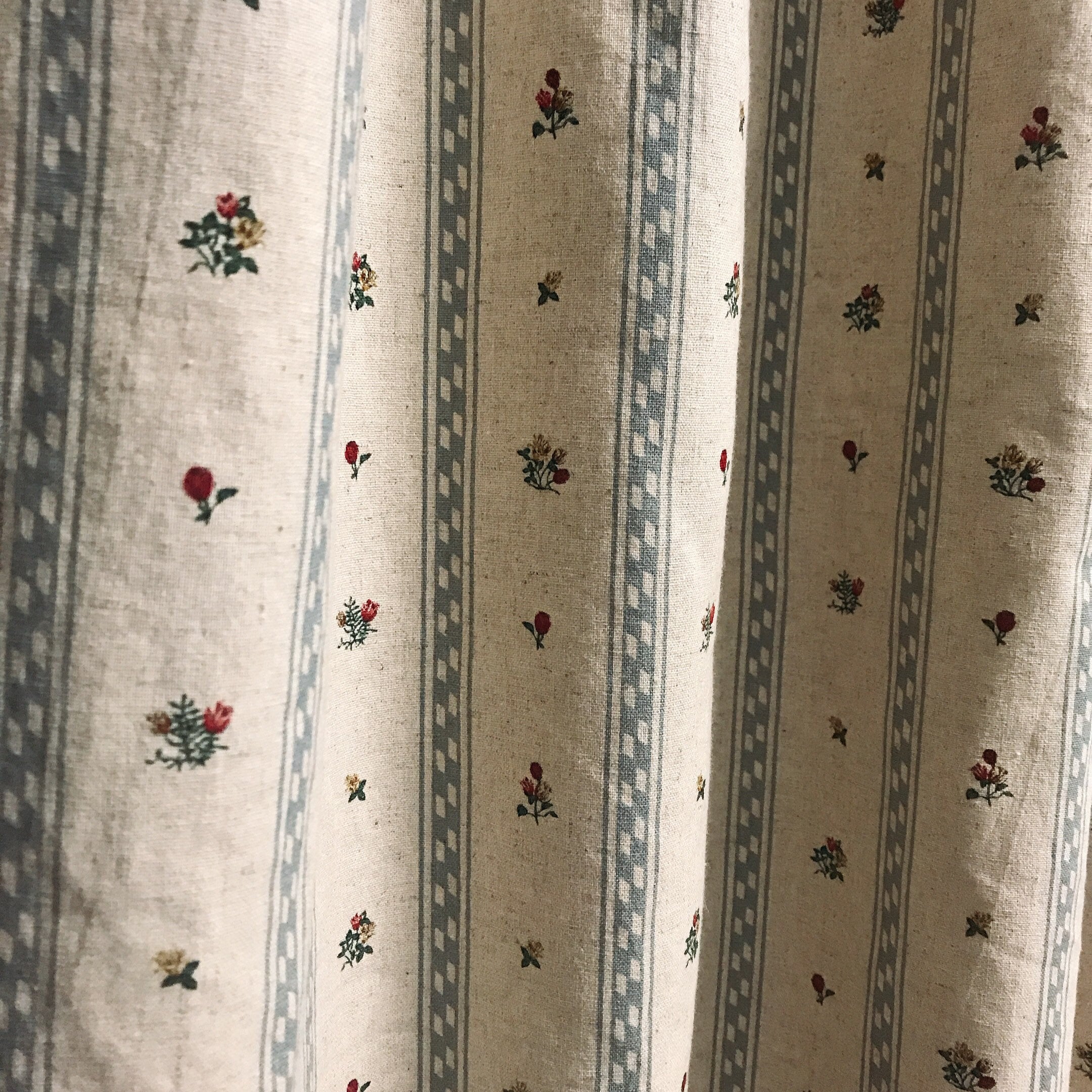 Grey Blue Stripe and Tiny Floral Curtain on Natural Beige