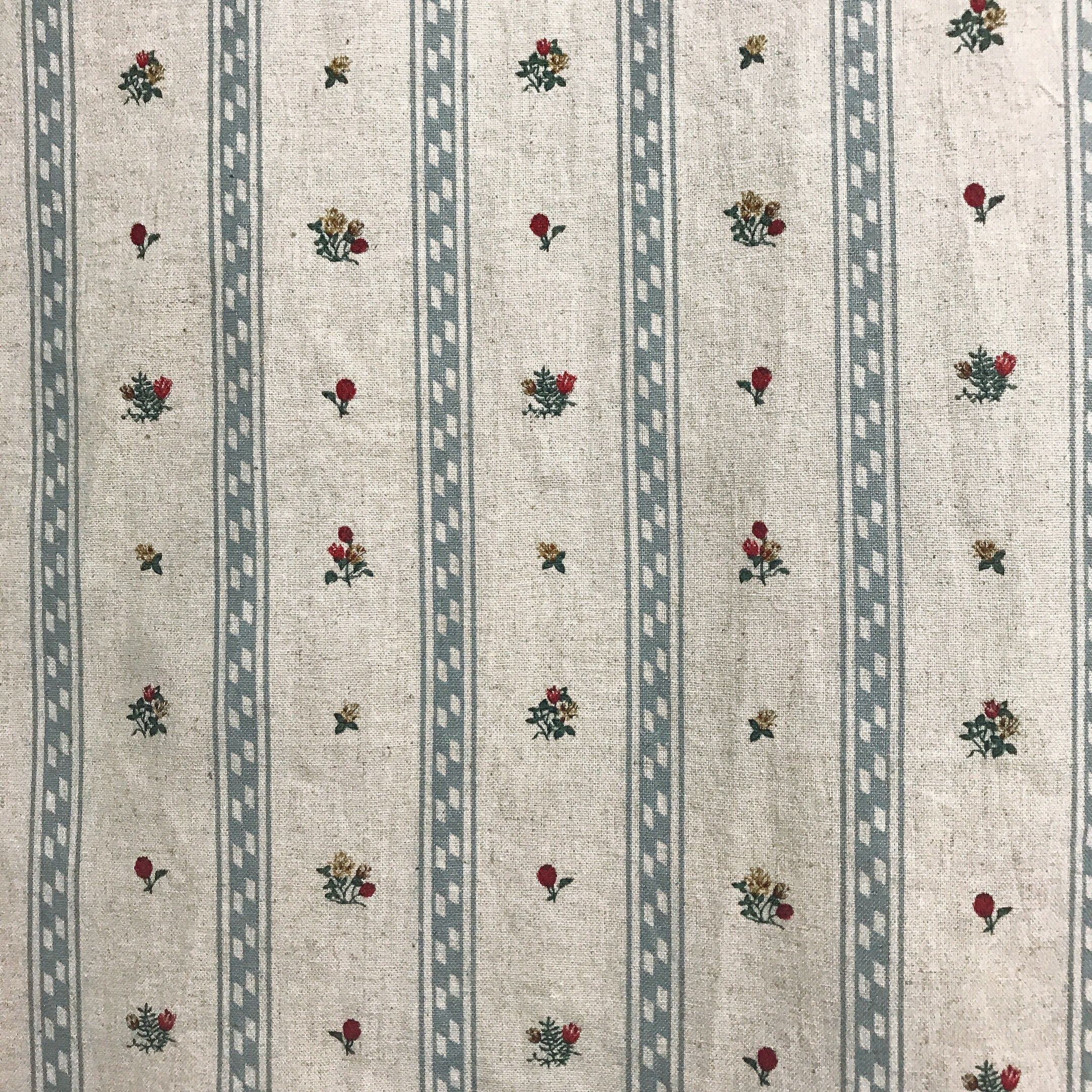 Grey Blue Stripe and Tiny Floral Curtain on Natural Beige