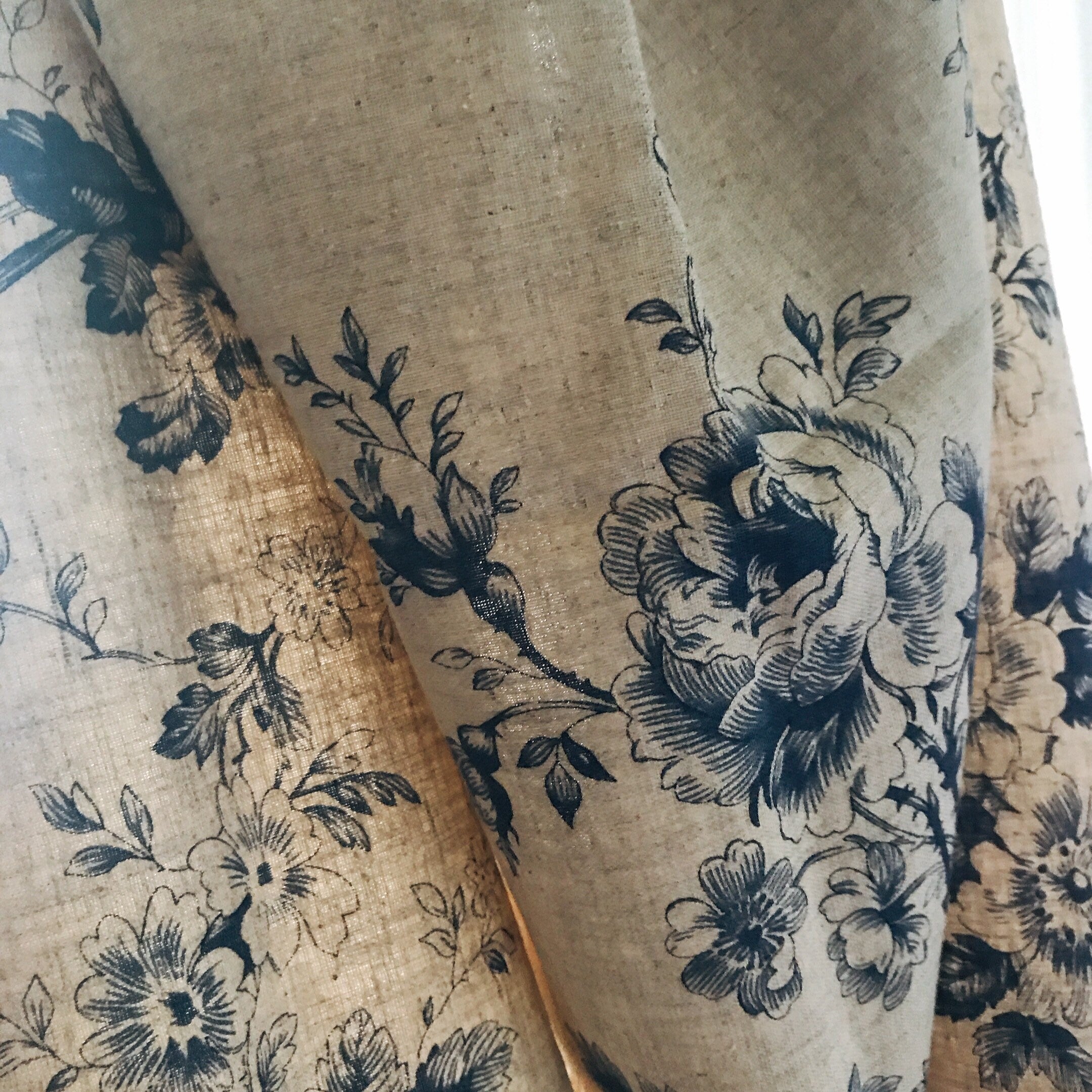 Navy Blue Floral Curtain on Natural Beige