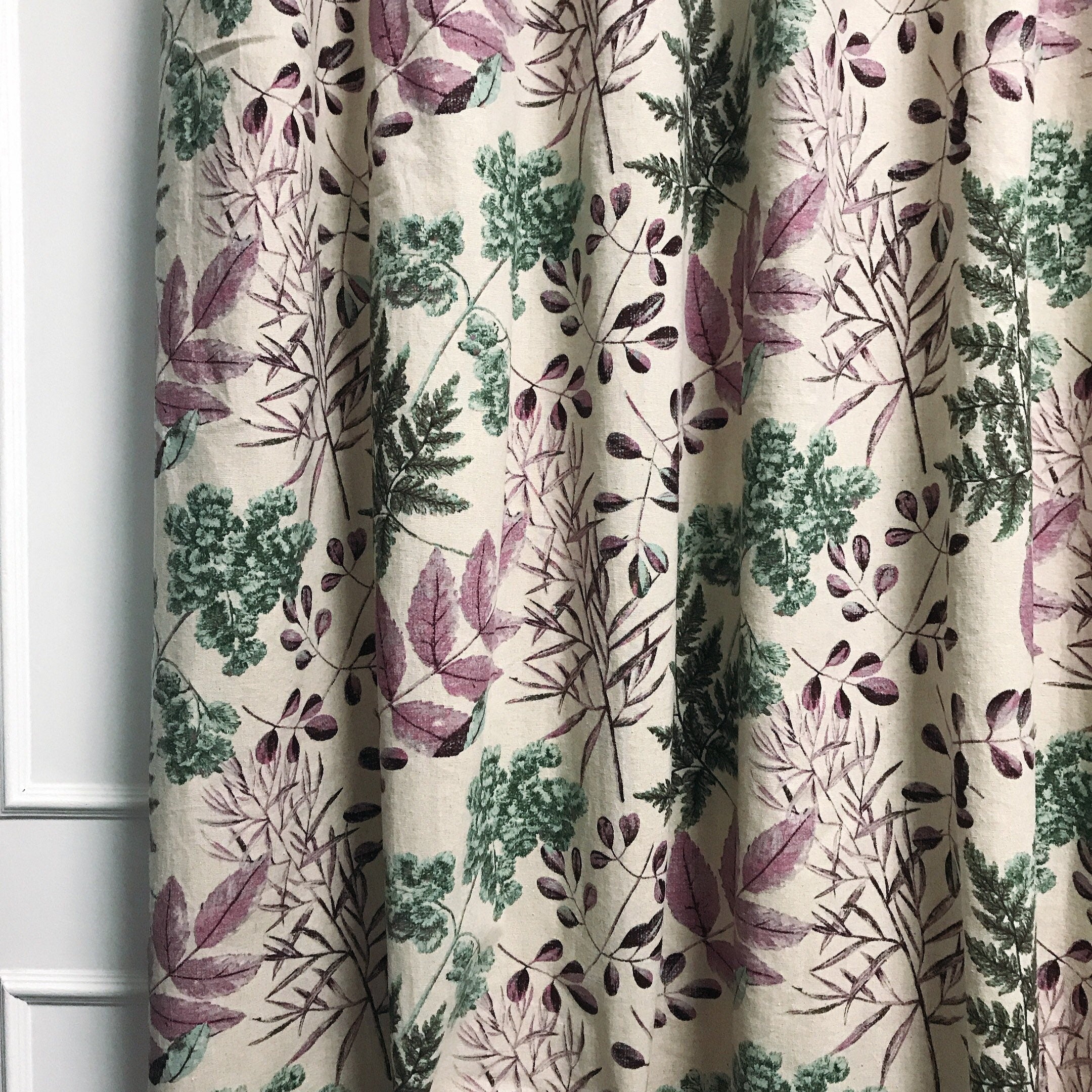 Purple and Green Leaf Curtain on Natural Beige