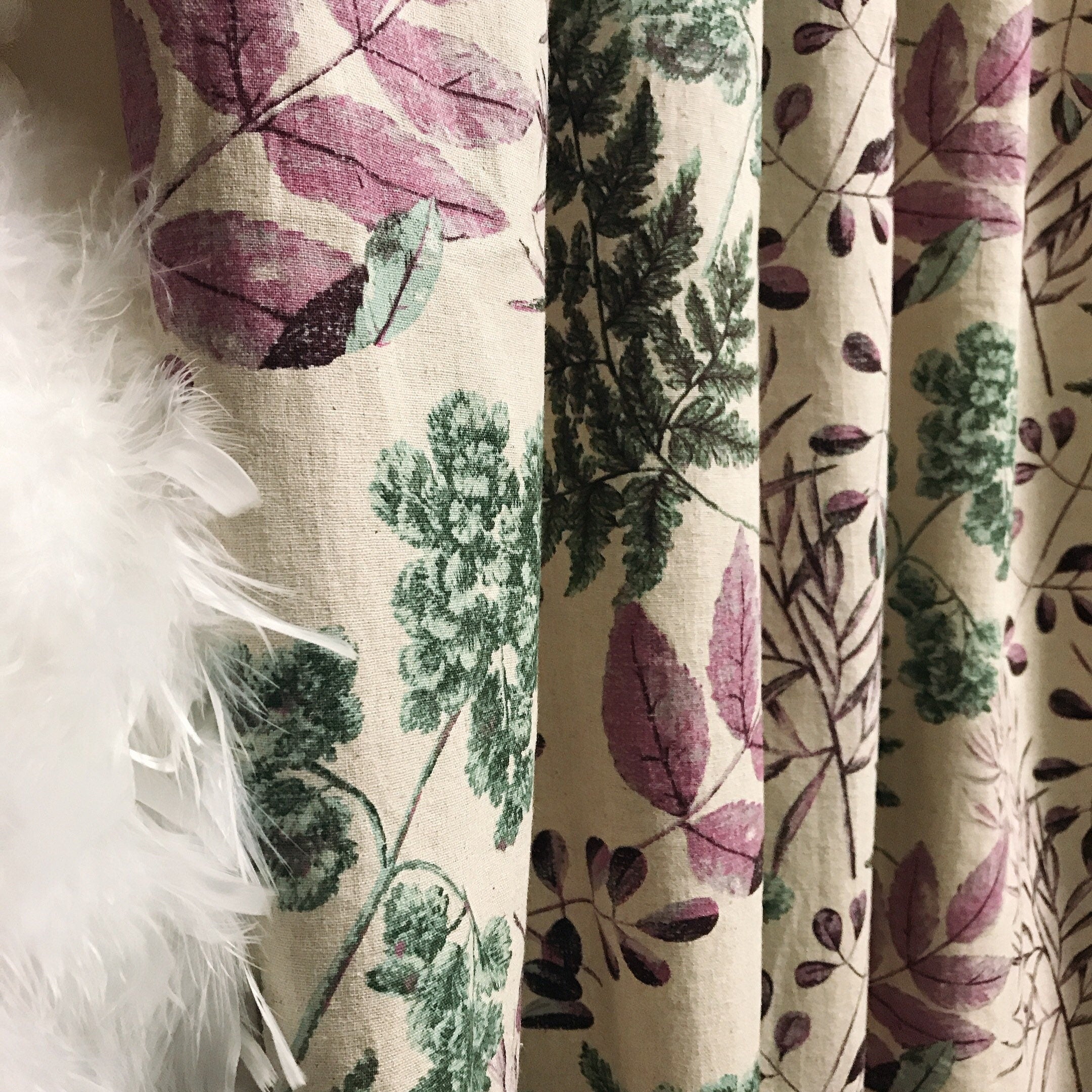 Purple and Green Leaf Curtain on Natural Beige