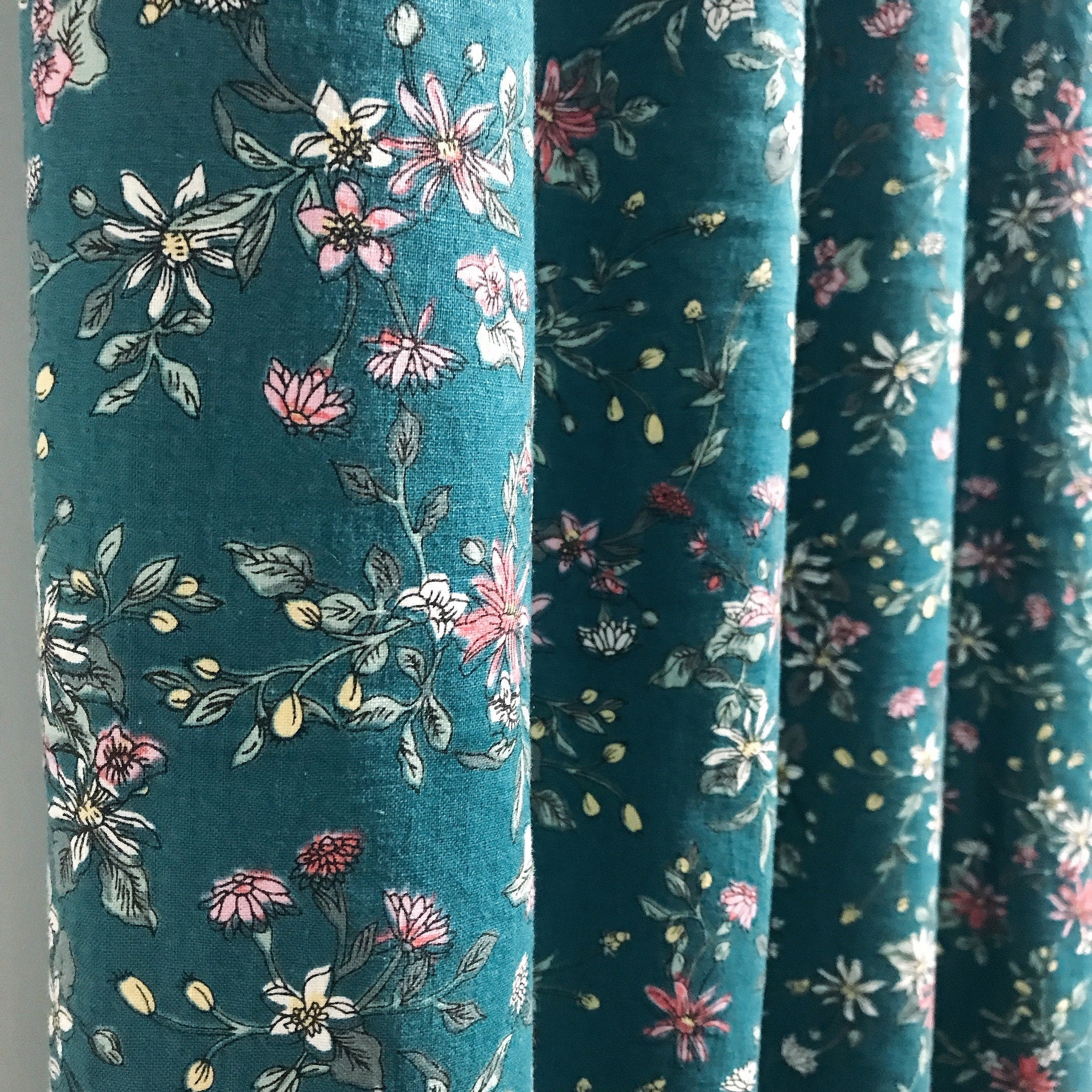 Multi-Color Floral Drawing Curtain on Teal