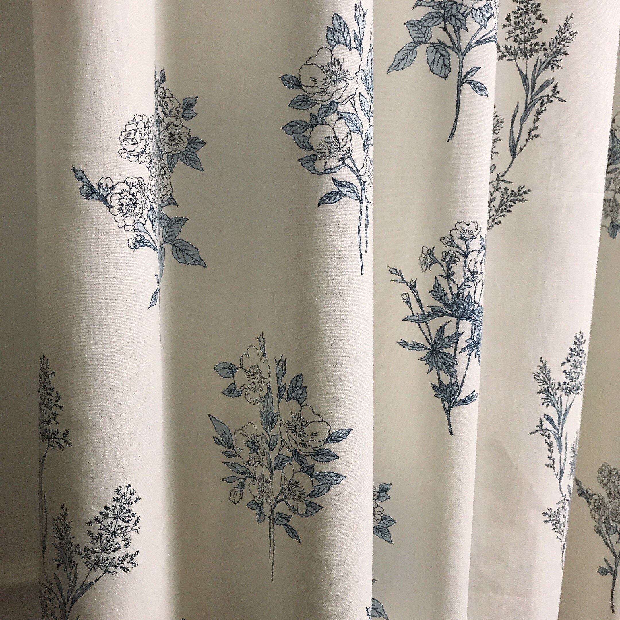 Blue Floral Curtain on Ivory
