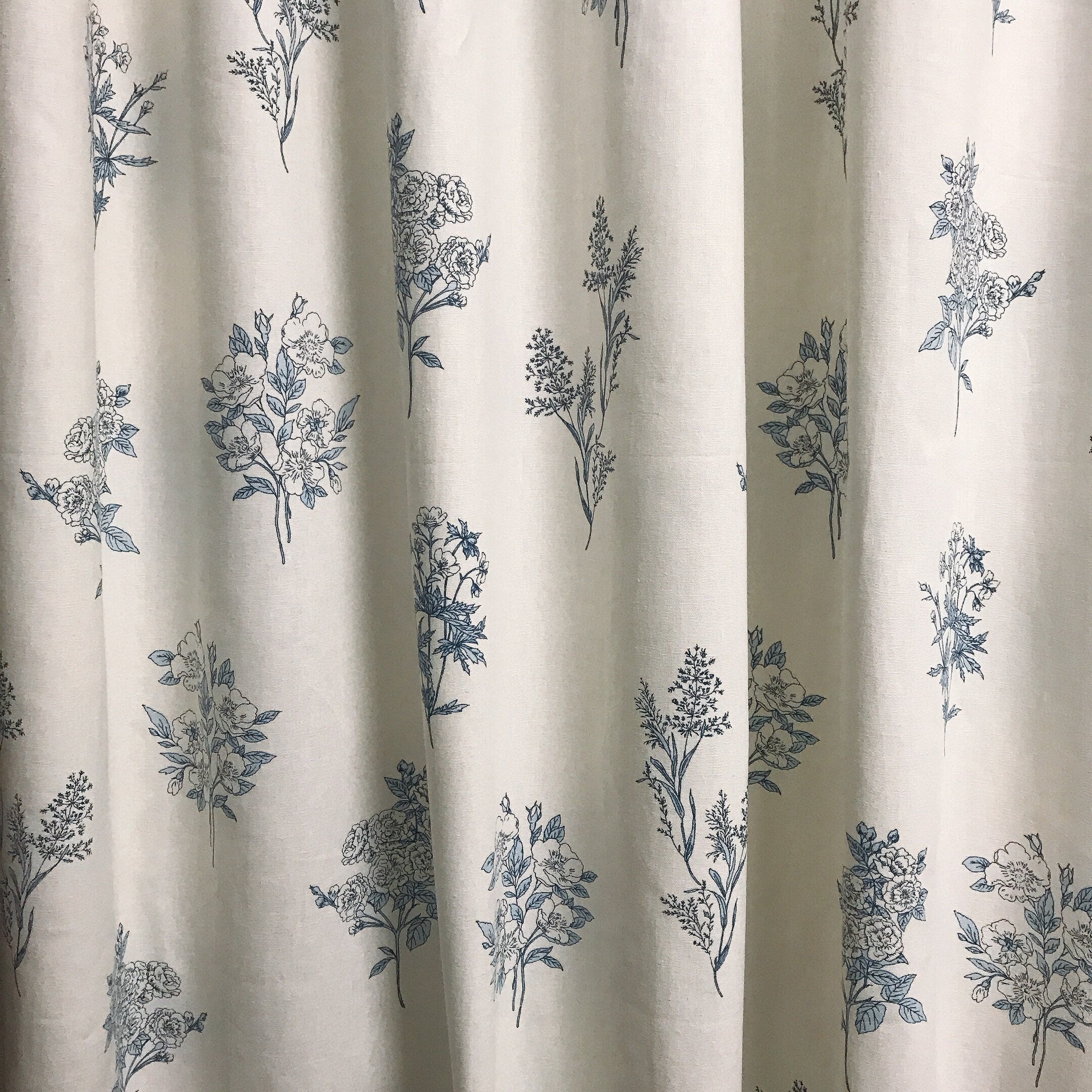 Blue Floral Curtain on Ivory
