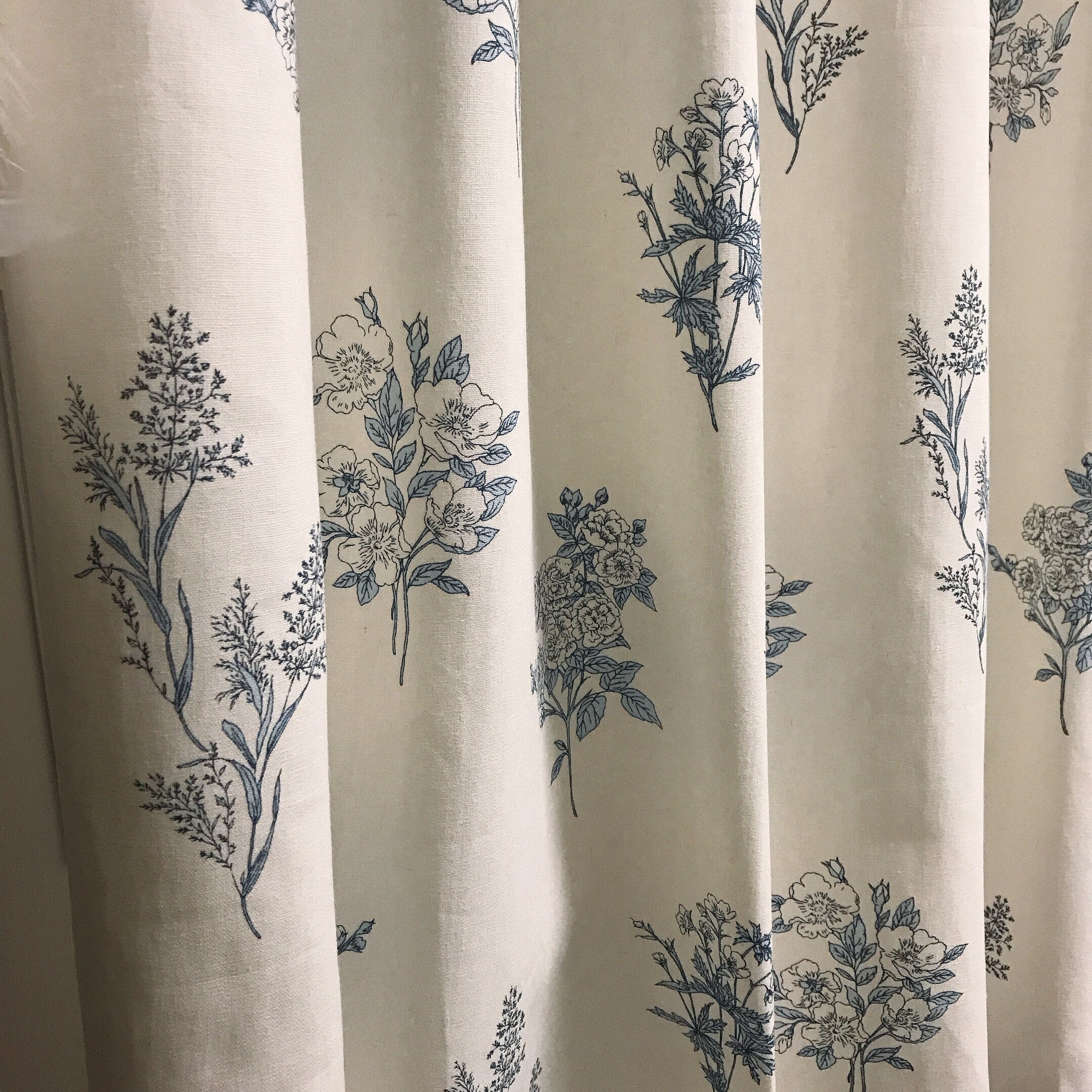 Blue Floral Curtain on Ivory