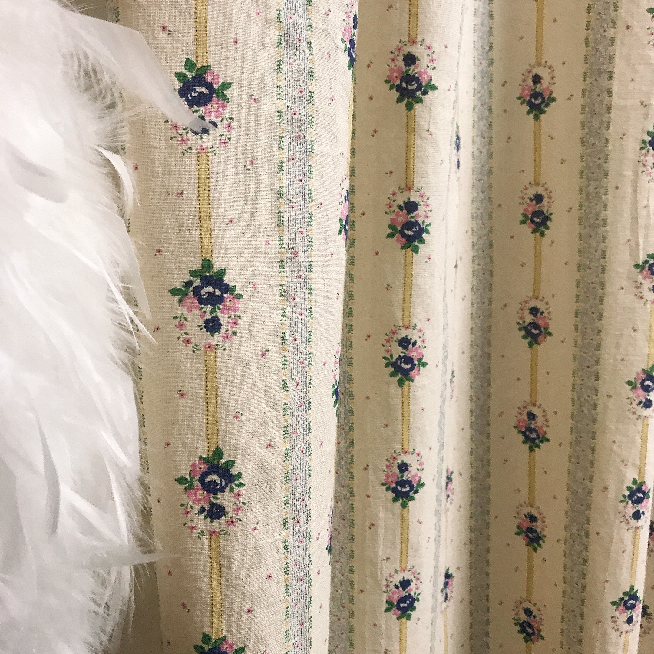 Blue and Yellow Striped Floral Curtain on Natural Beige