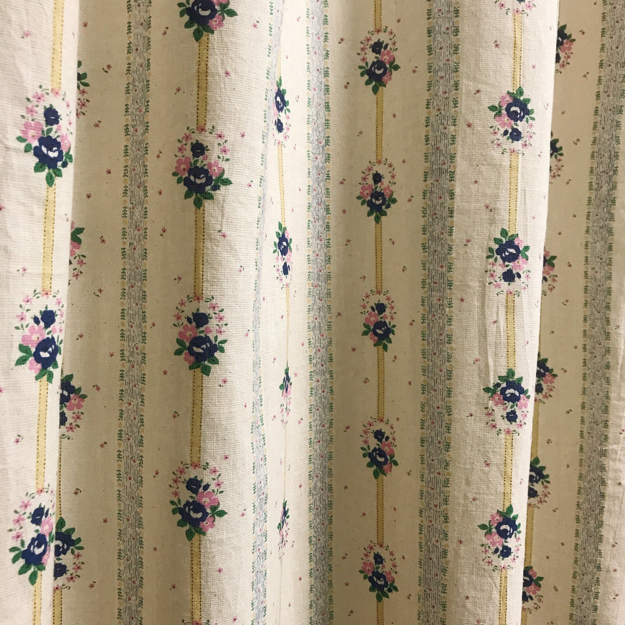Blue and Yellow Striped Floral Curtain on Natural Beige