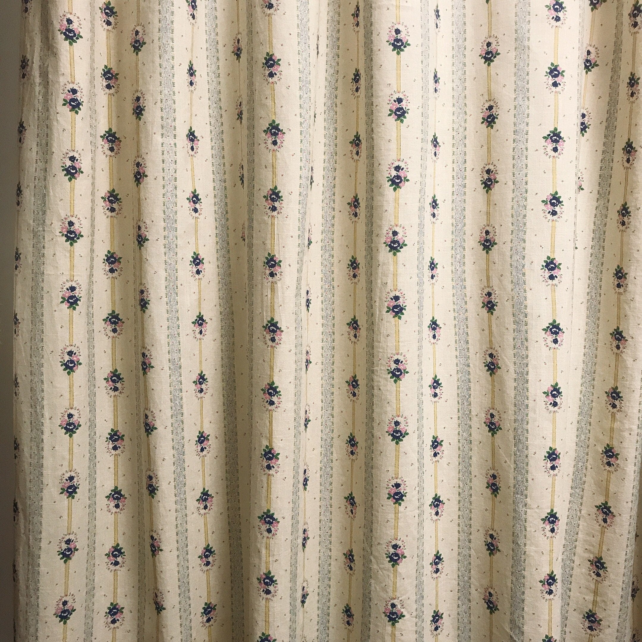 Blue and Yellow Striped Floral Curtain on Natural Beige