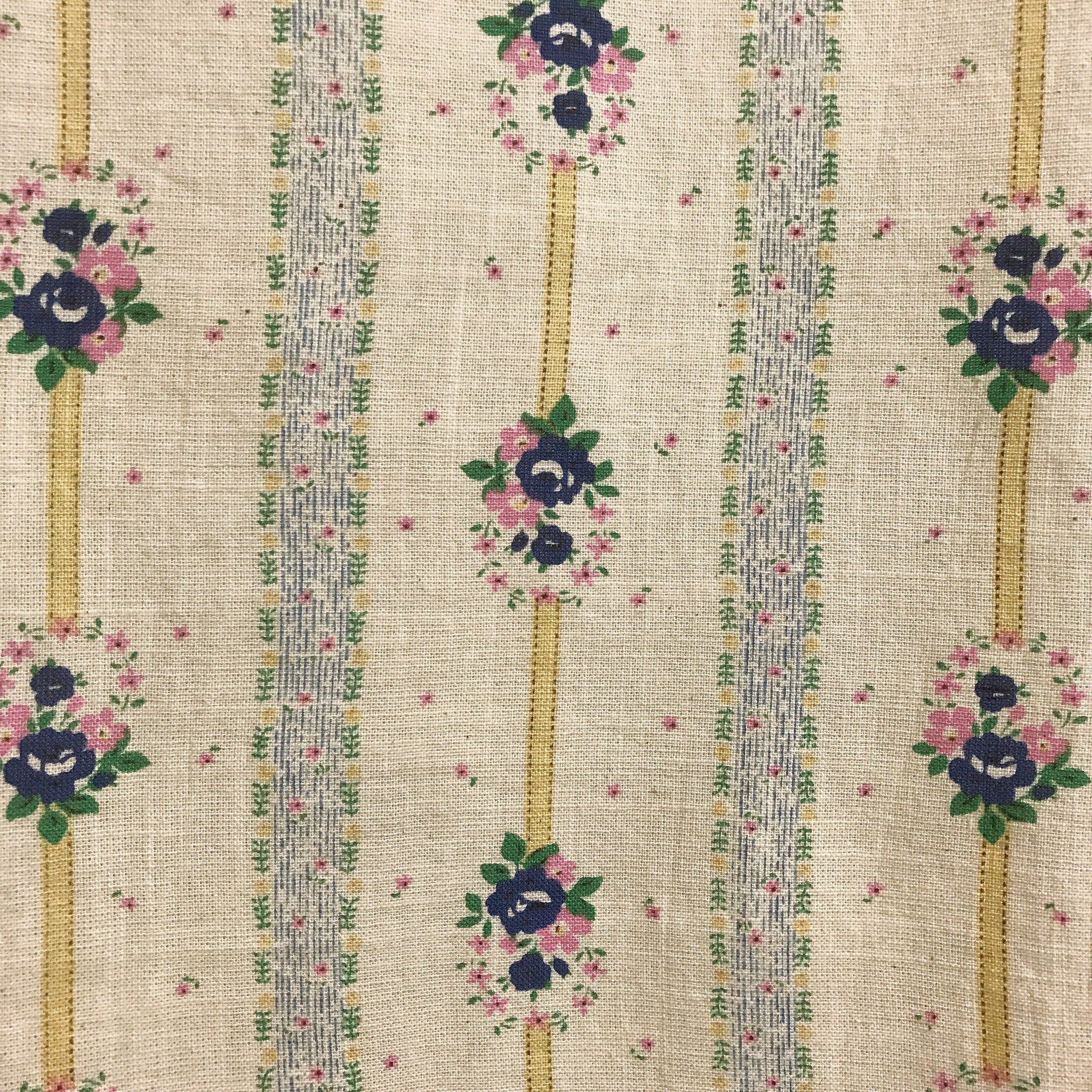 Blue and Yellow Striped Floral Curtain on Natural Beige