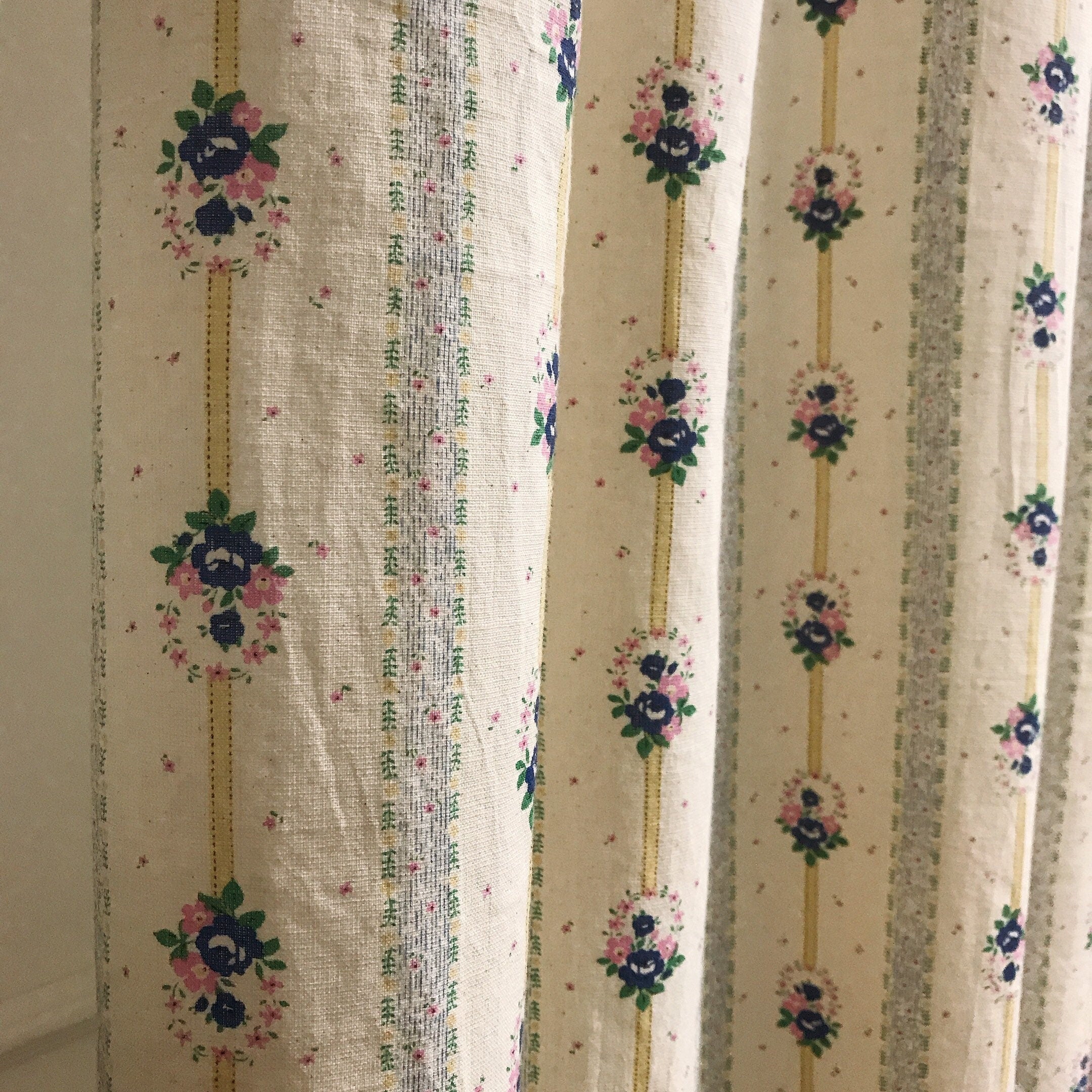 Blue and Yellow Striped Floral Curtain on Natural Beige