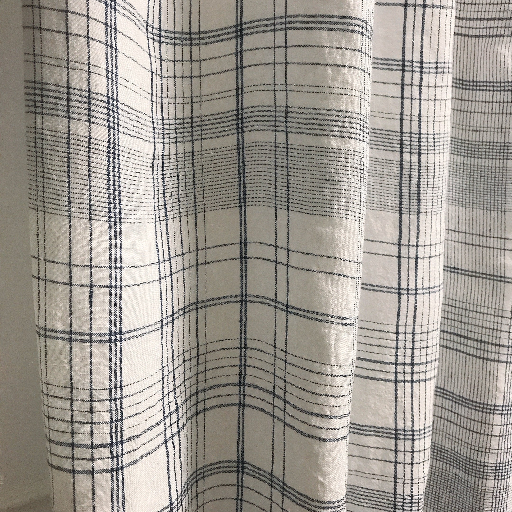 Navy Glen Plaid Linen Curtain on Soft White