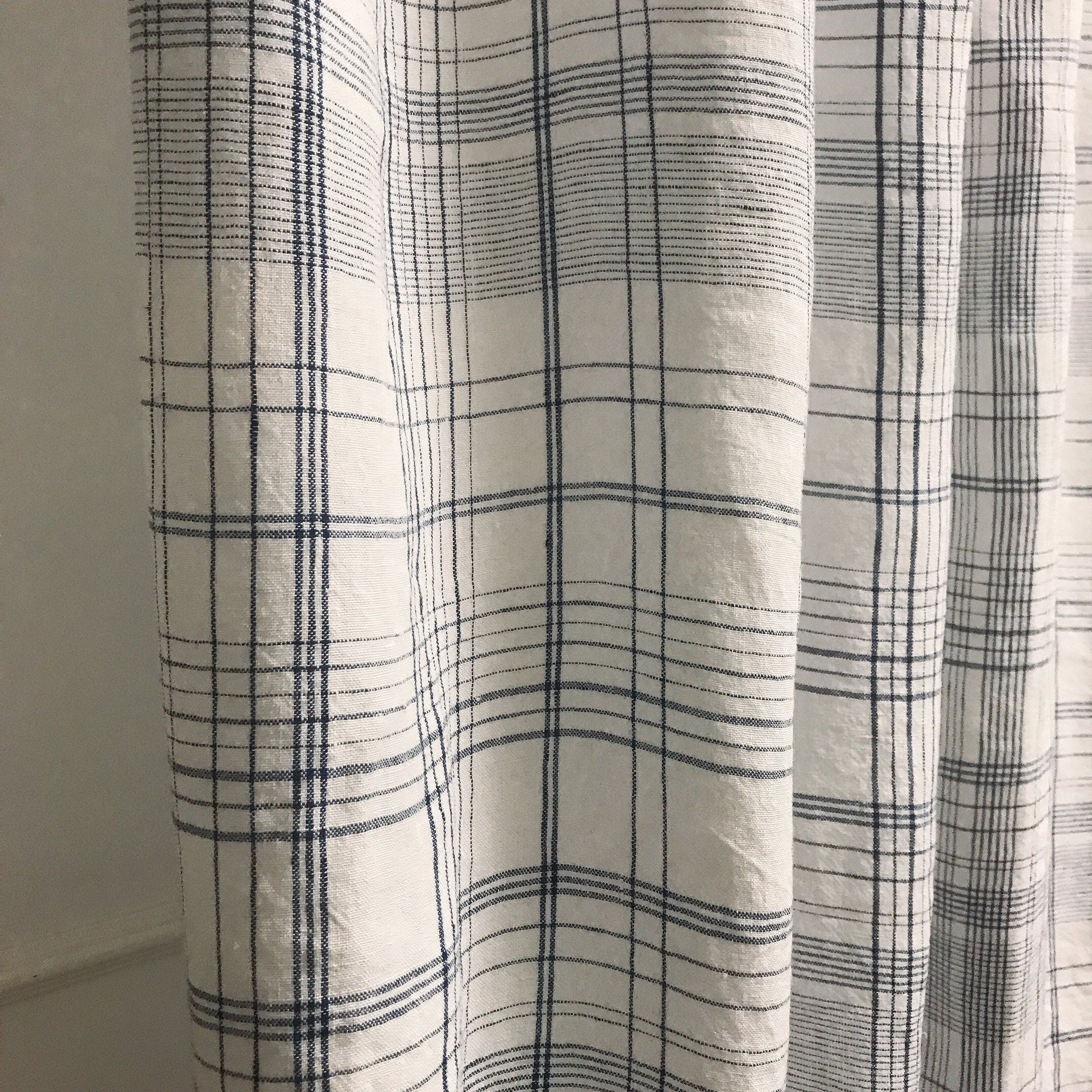 Navy Glen Plaid Linen Curtain on Soft White
