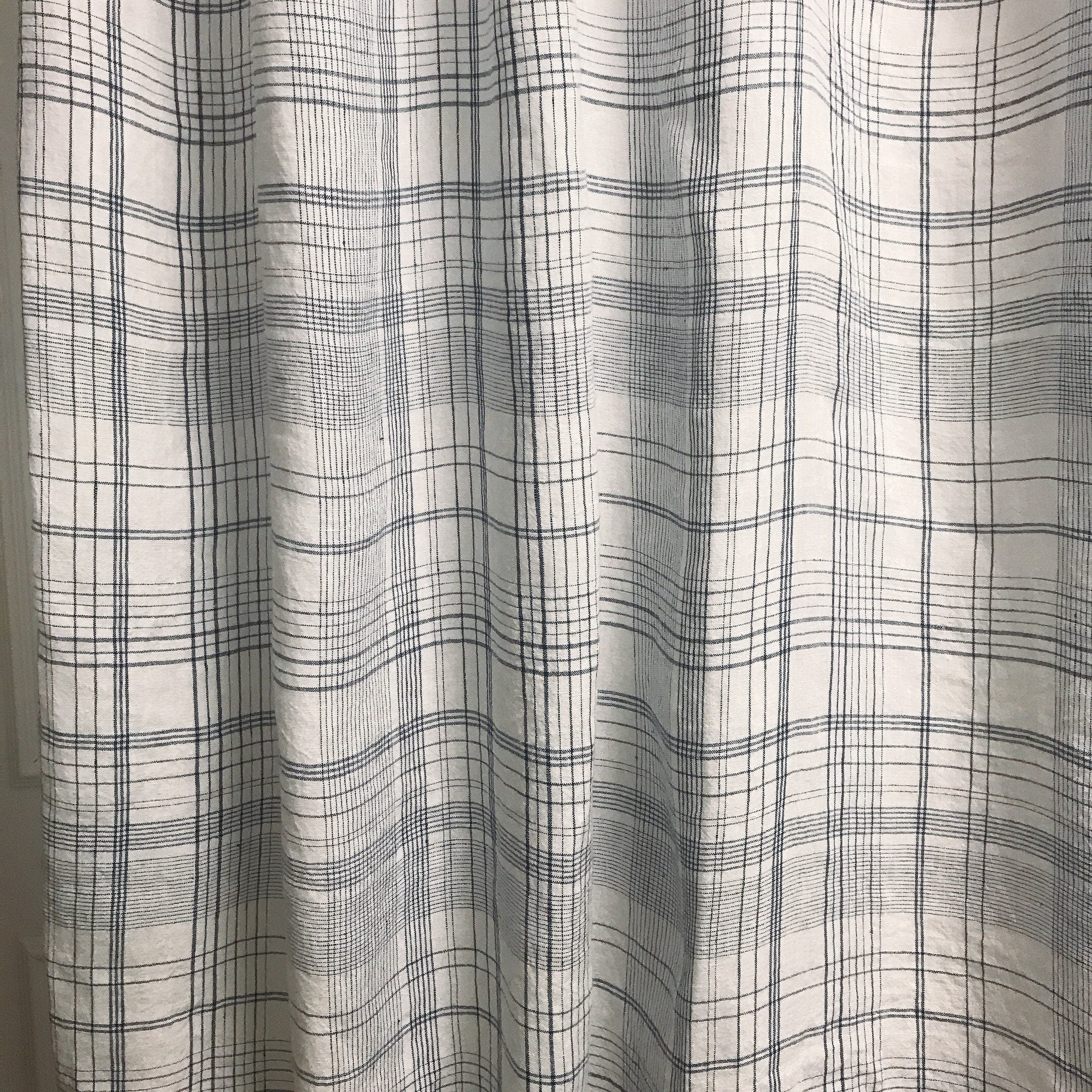Navy Glen Plaid Linen Curtain on Soft White