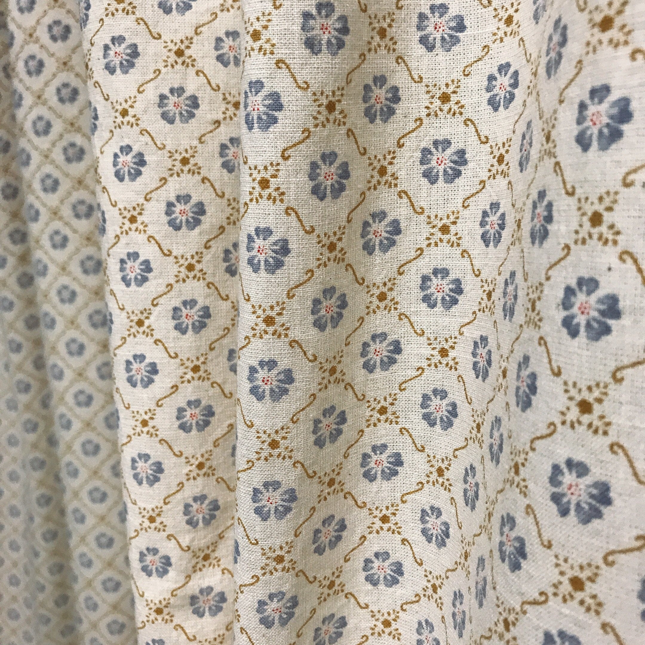 Retro Light Purple and Navy Floral Curtain on Beige Ivory