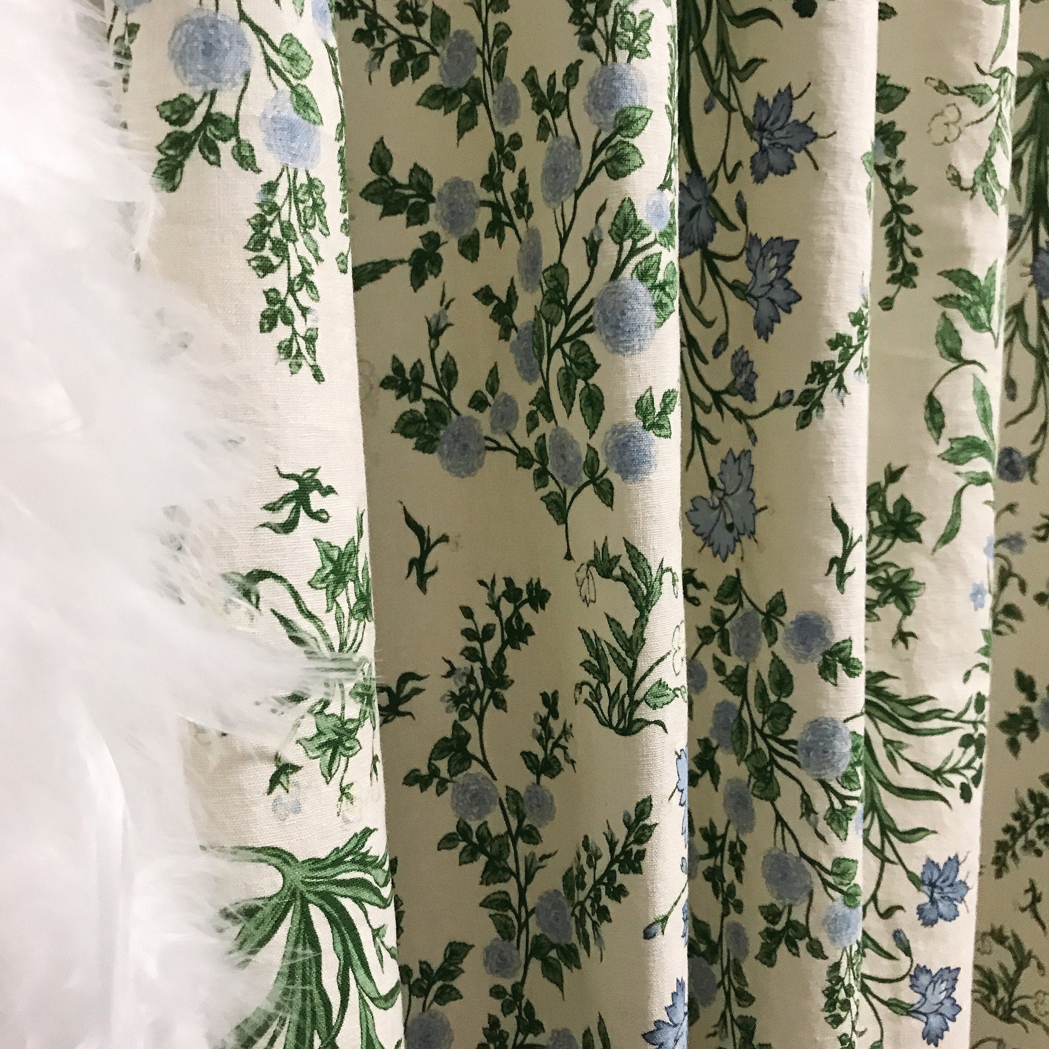Light Sky Blue Floral Curtain on Pale Green Beige