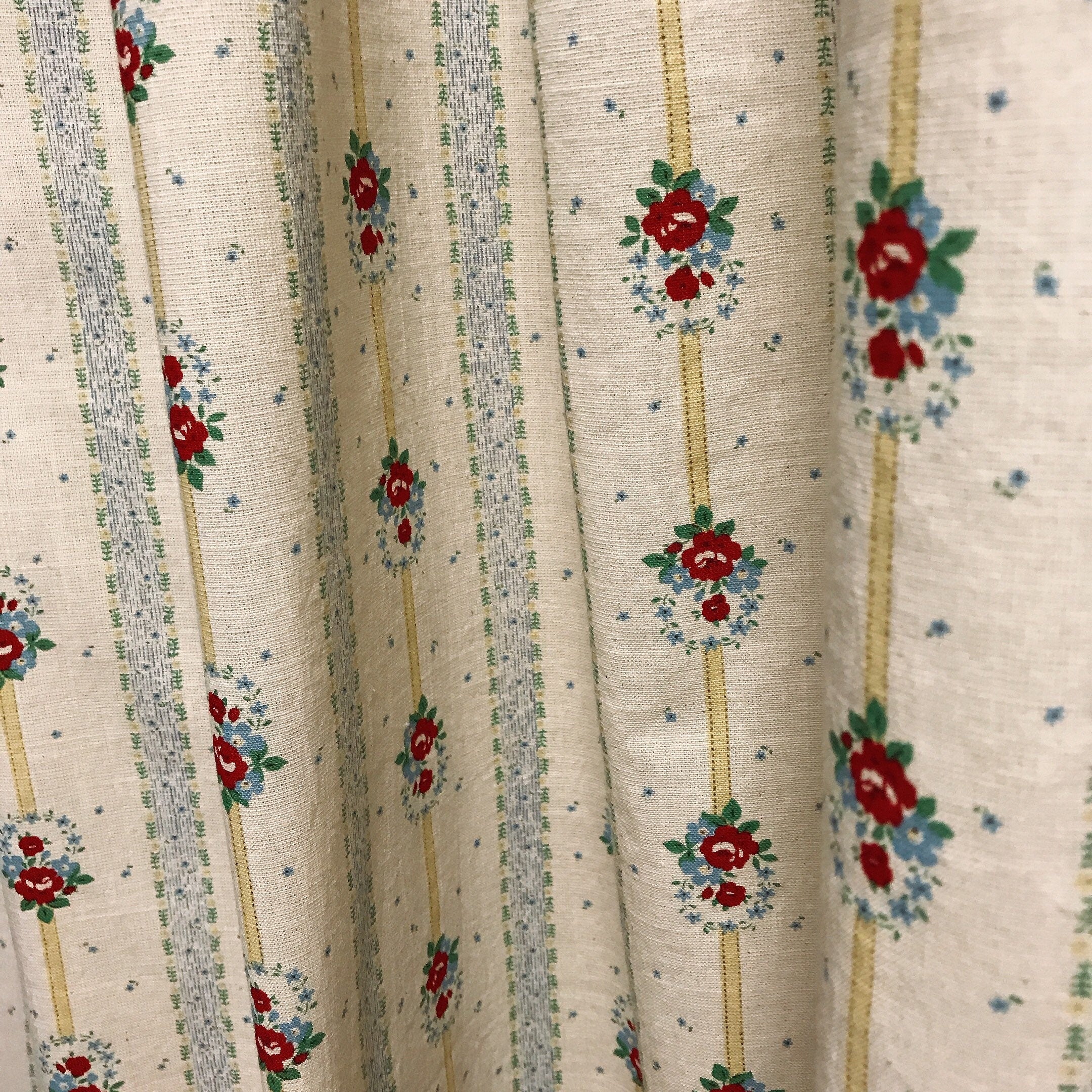 Red Floral and Yellow Vertical Stripe Curtain on Natural Beige