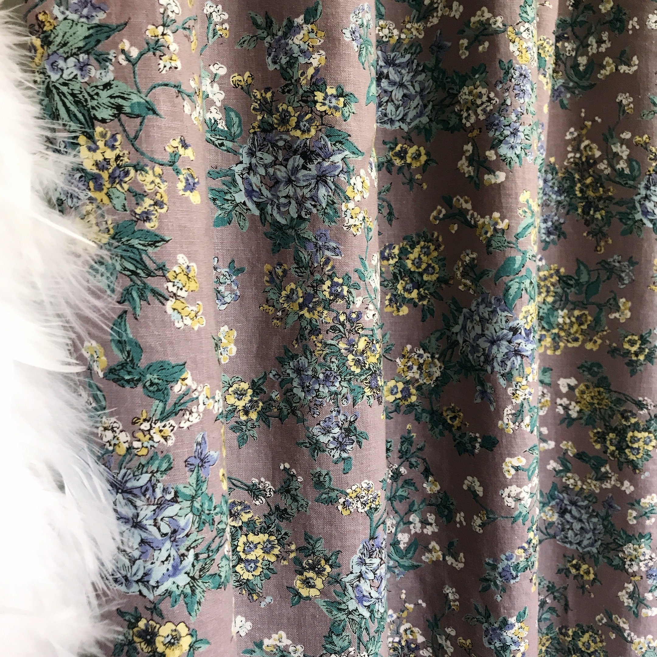 Blue and Light Mustard Floral Curtain on Purple Grey