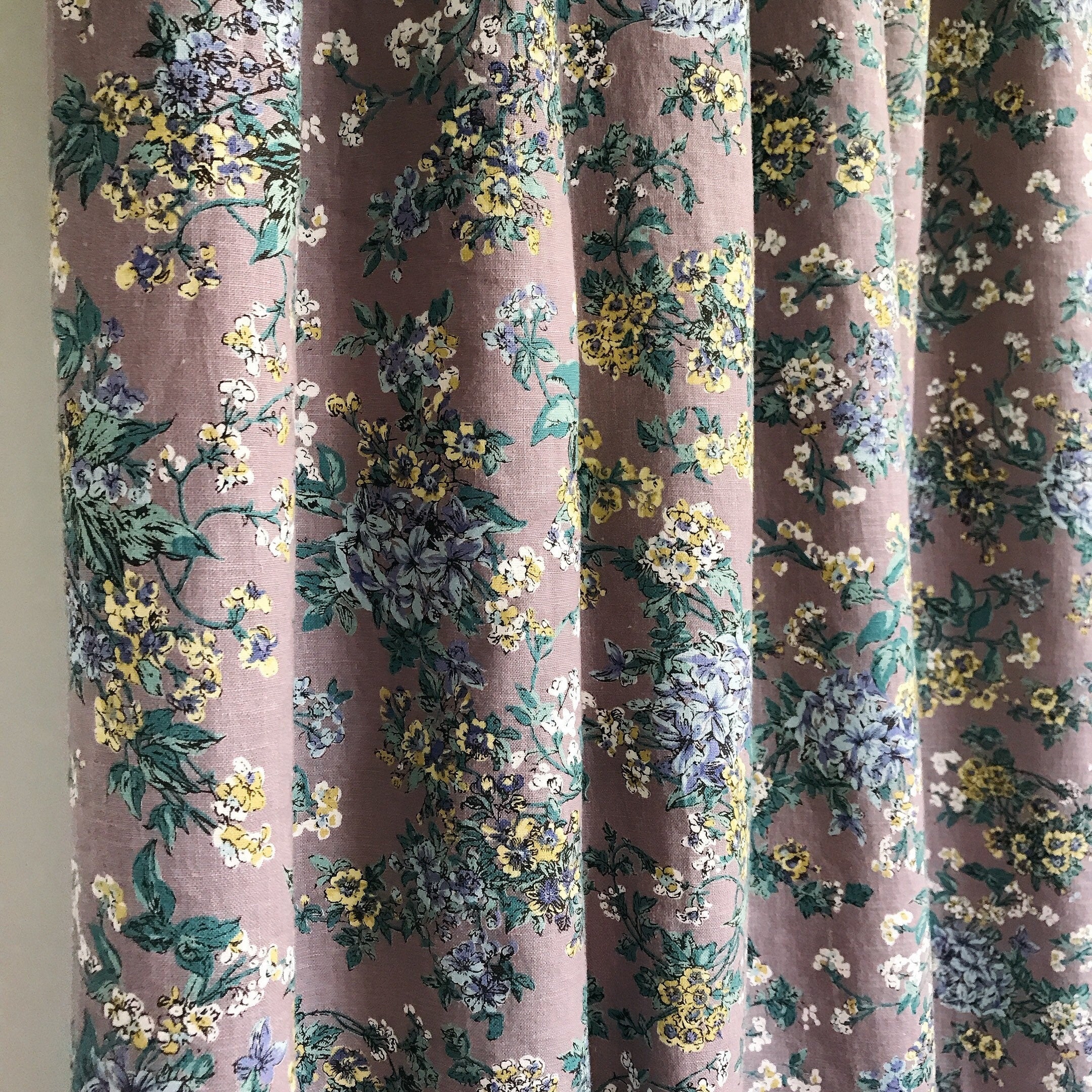 Blue and Light Mustard Floral Curtain on Purple Grey