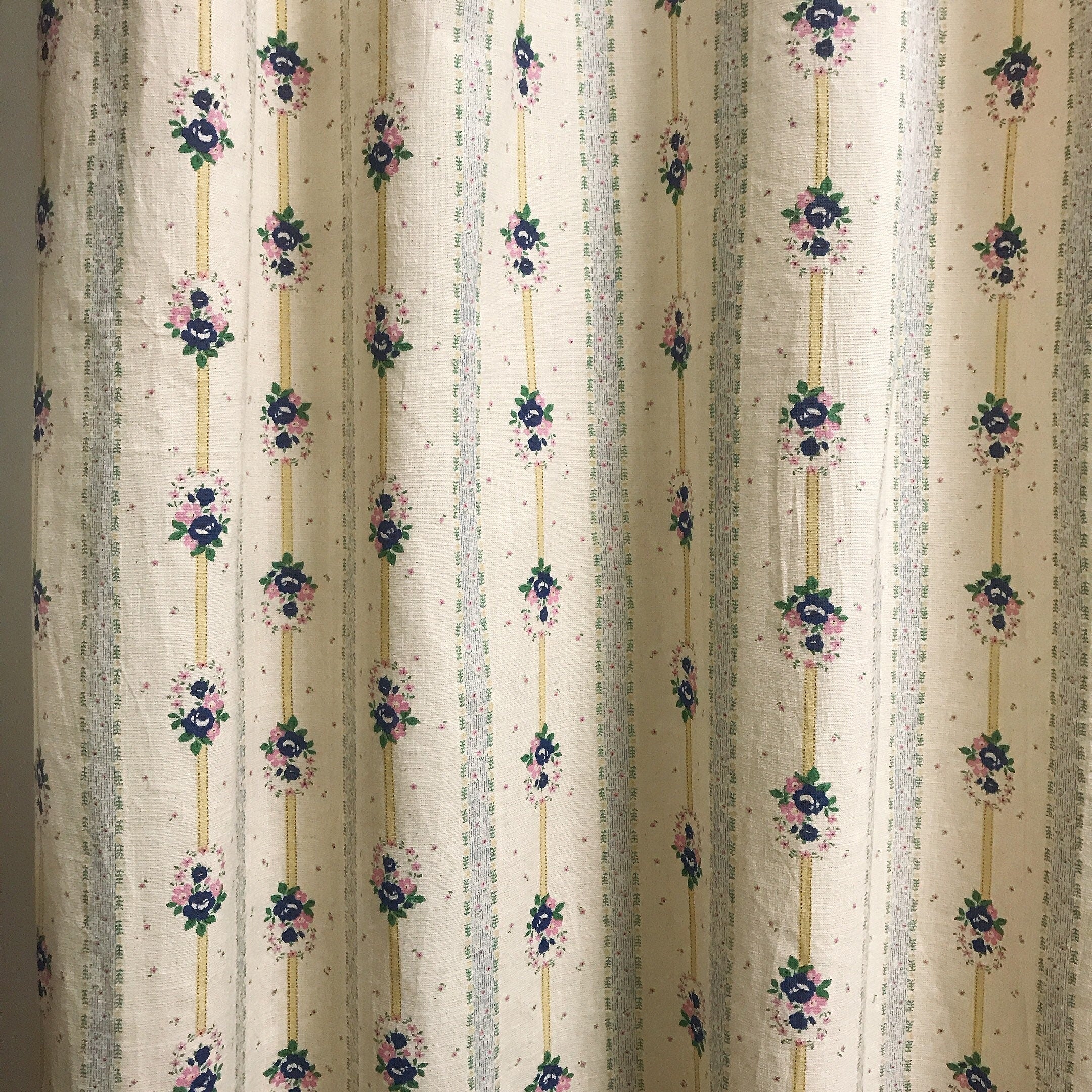 Blue and Yellow Striped Floral Curtain on Natural Beige