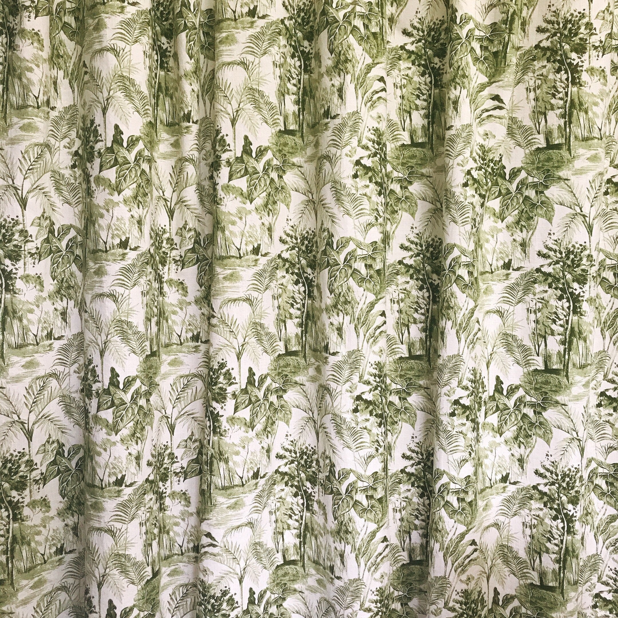 Deep Khaki Green Forest Curtain on Natural Beige