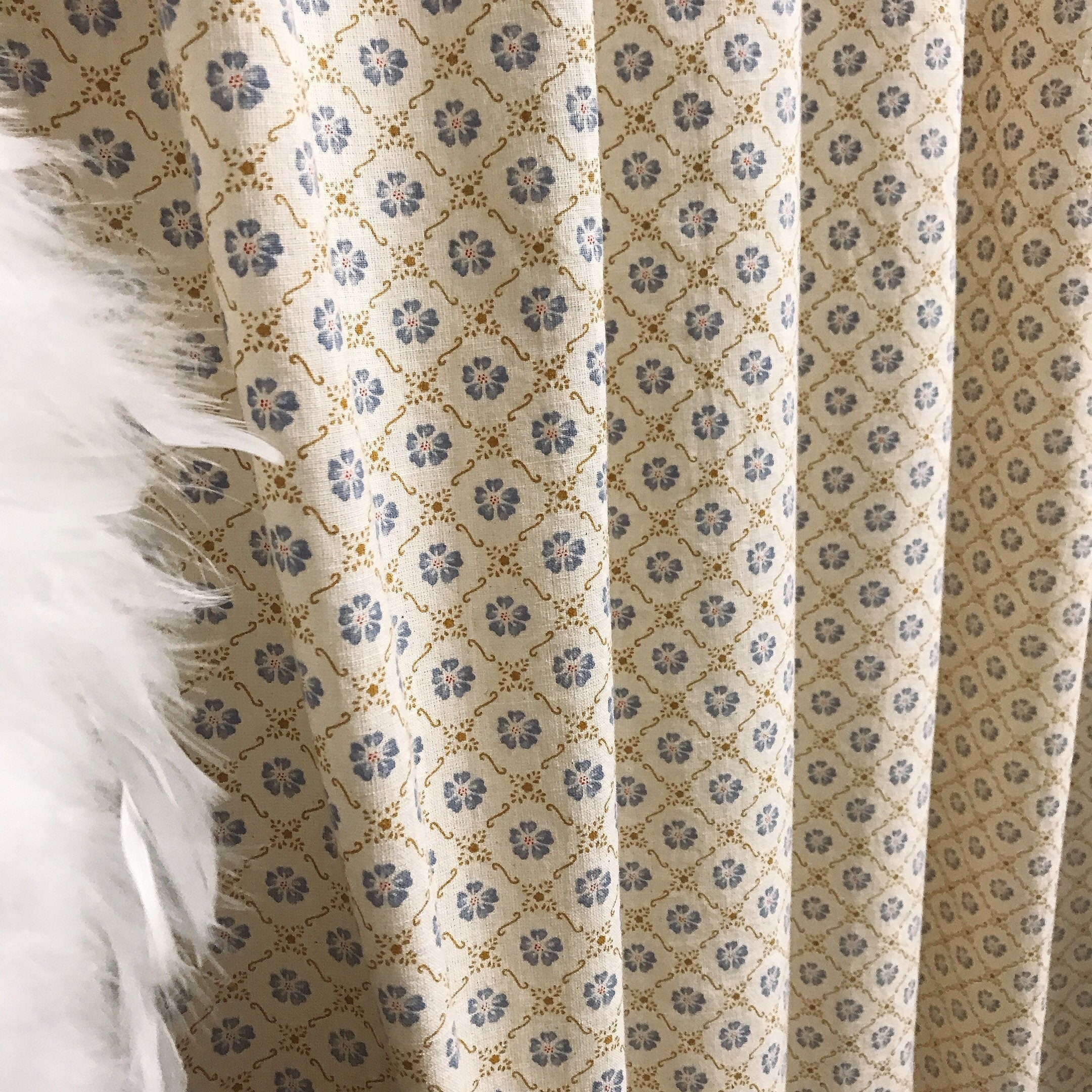 Retro Light Purple and Navy Floral Curtain on Beige Ivory