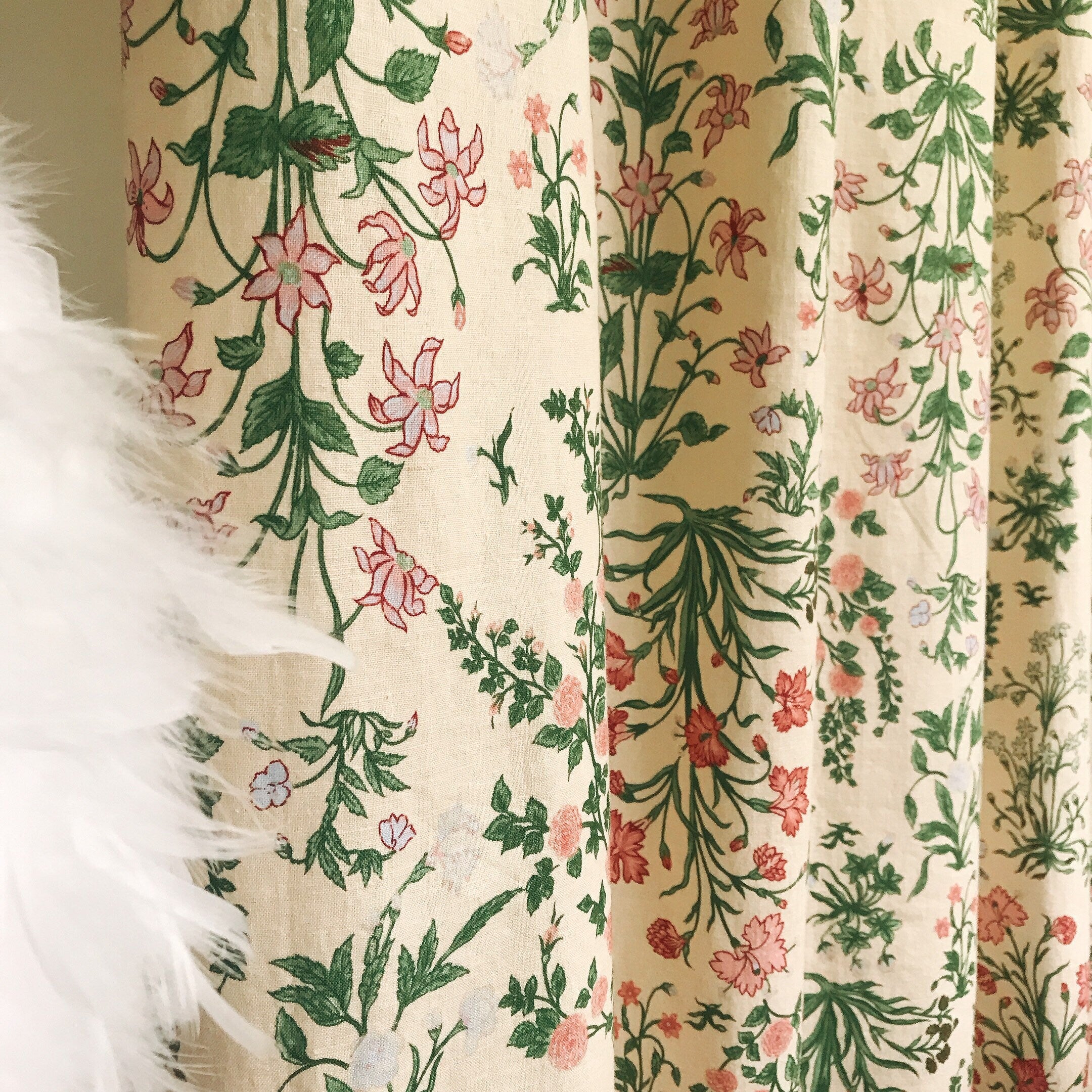 Pink and Pale Mint Floral Curtain on Buttercup Beige