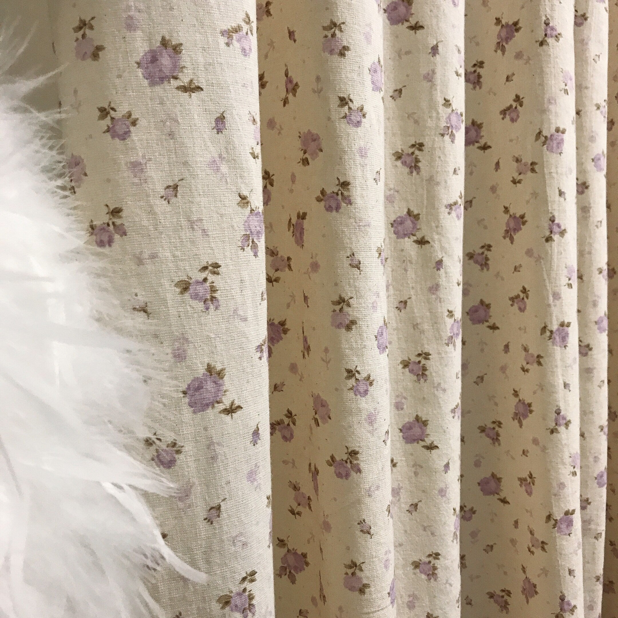Soft Pale Lavender Floral Curtain on Natural Beige