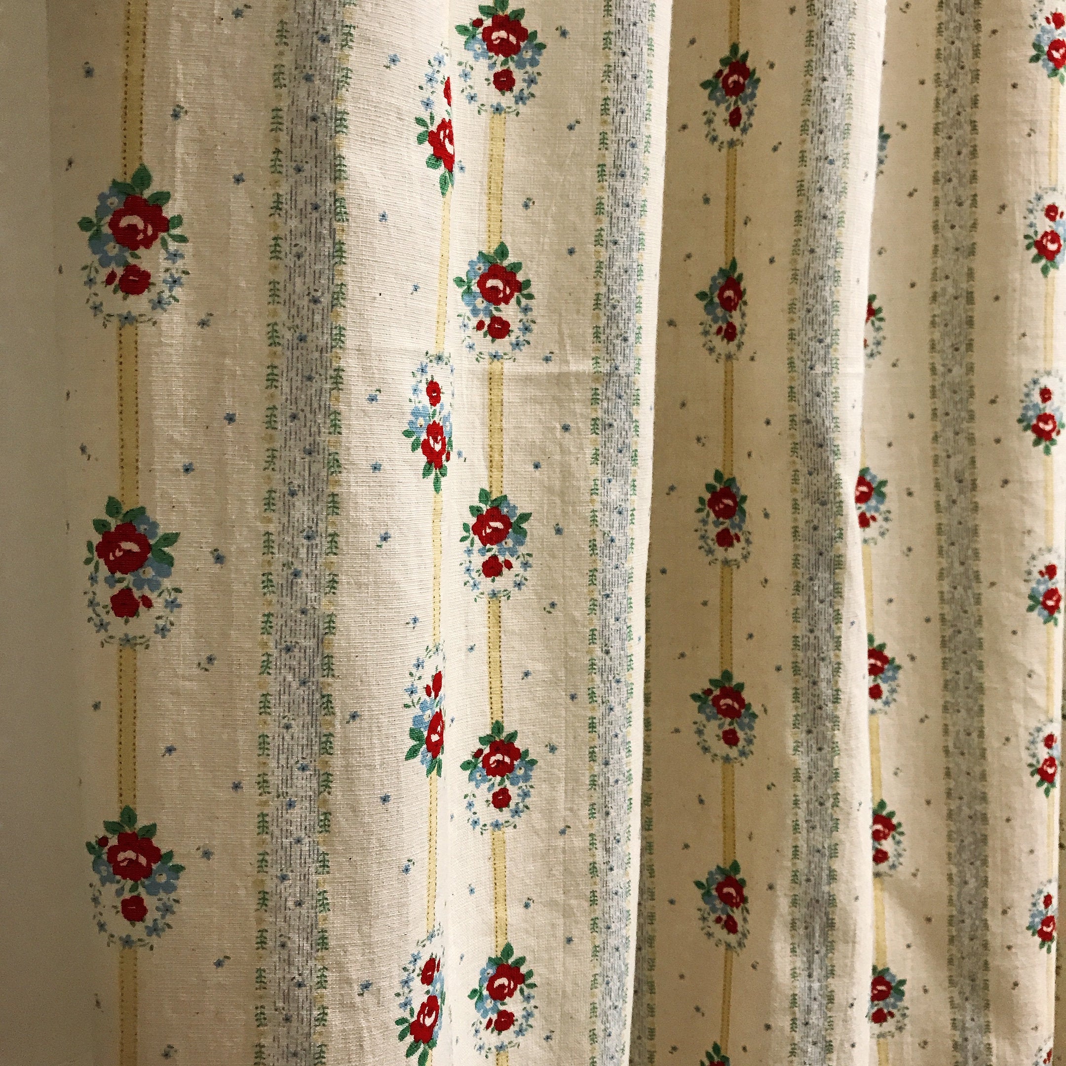 Red Floral and Yellow Vertical Stripe Curtain on Natural Beige