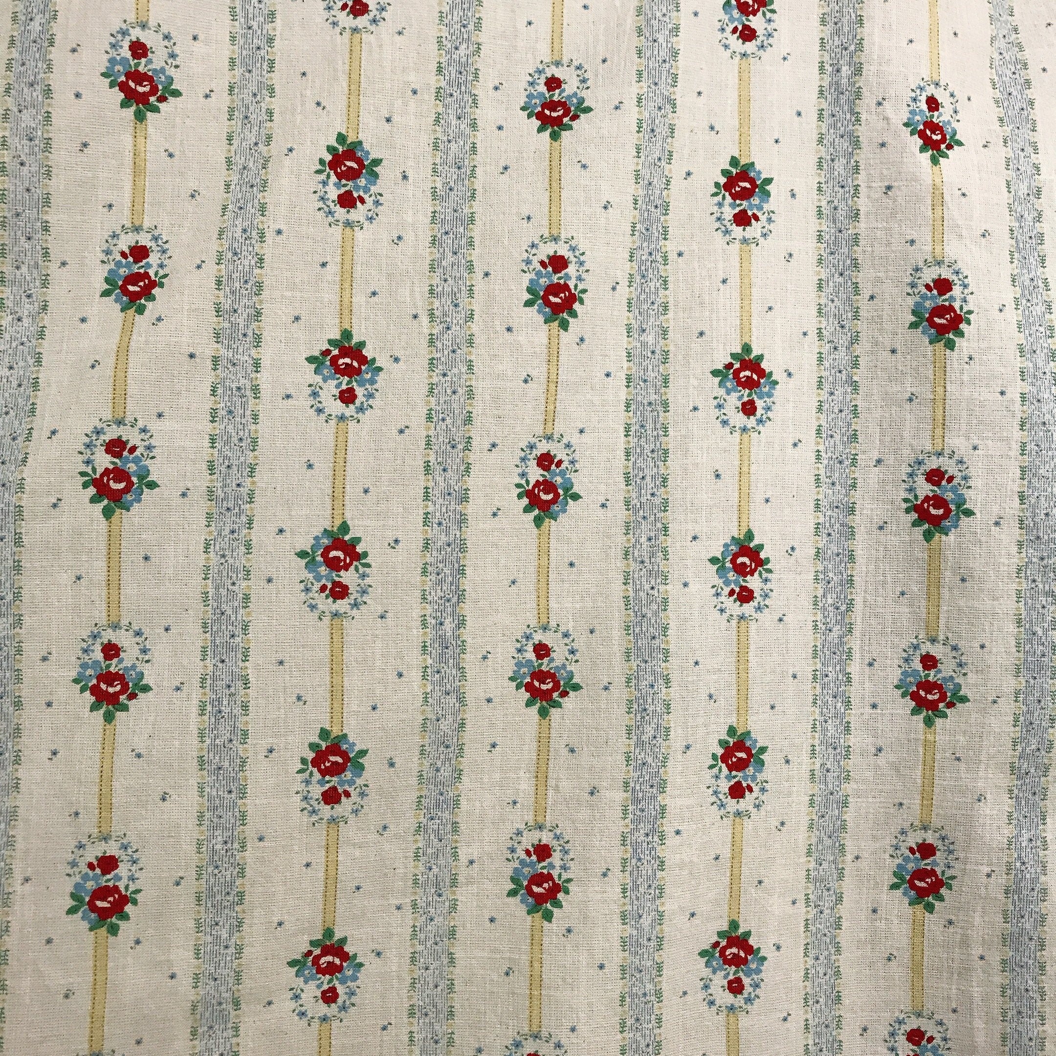 Red Floral and Yellow Vertical Stripe Curtain on Natural Beige