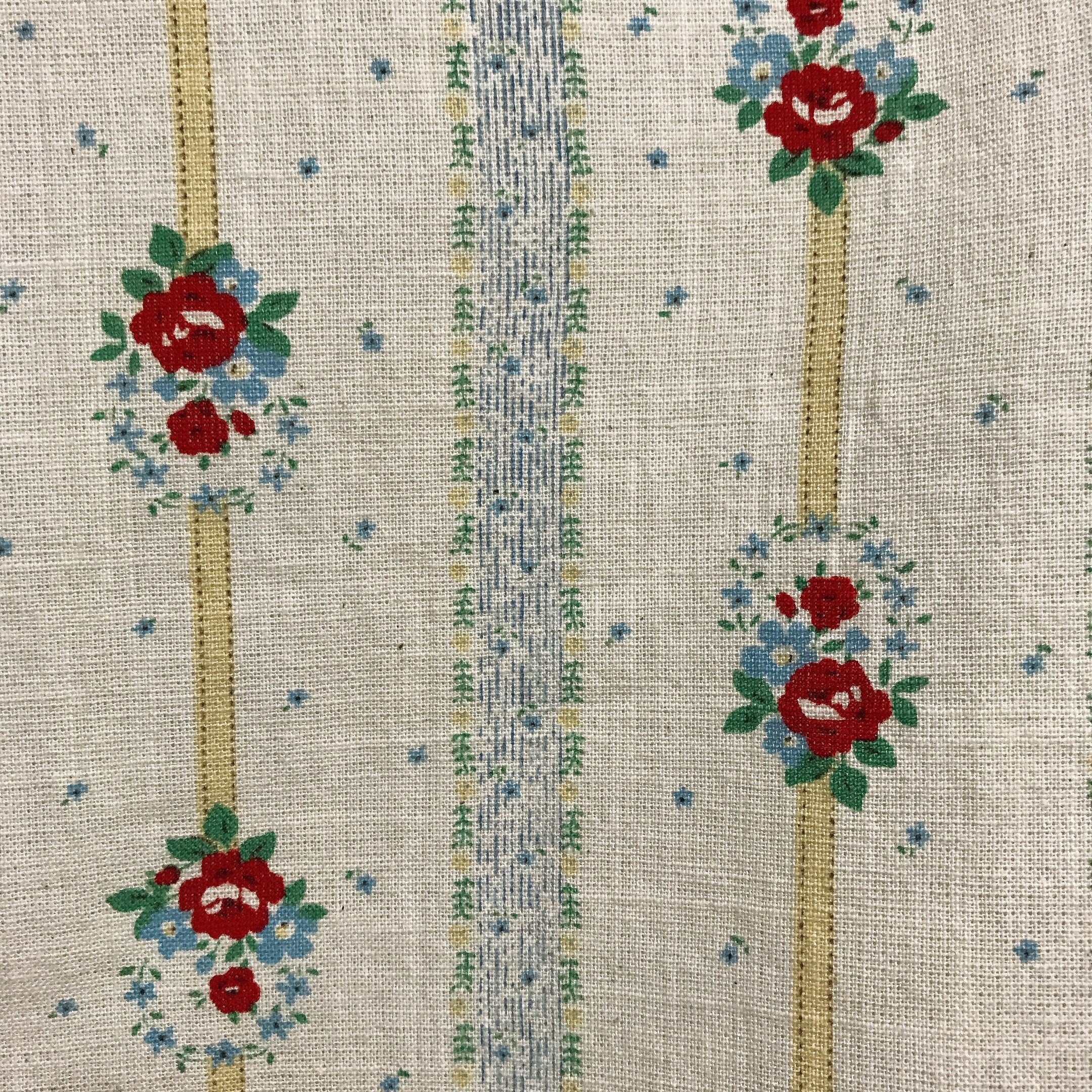 Red Floral and Yellow Vertical Stripe Curtain on Natural Beige